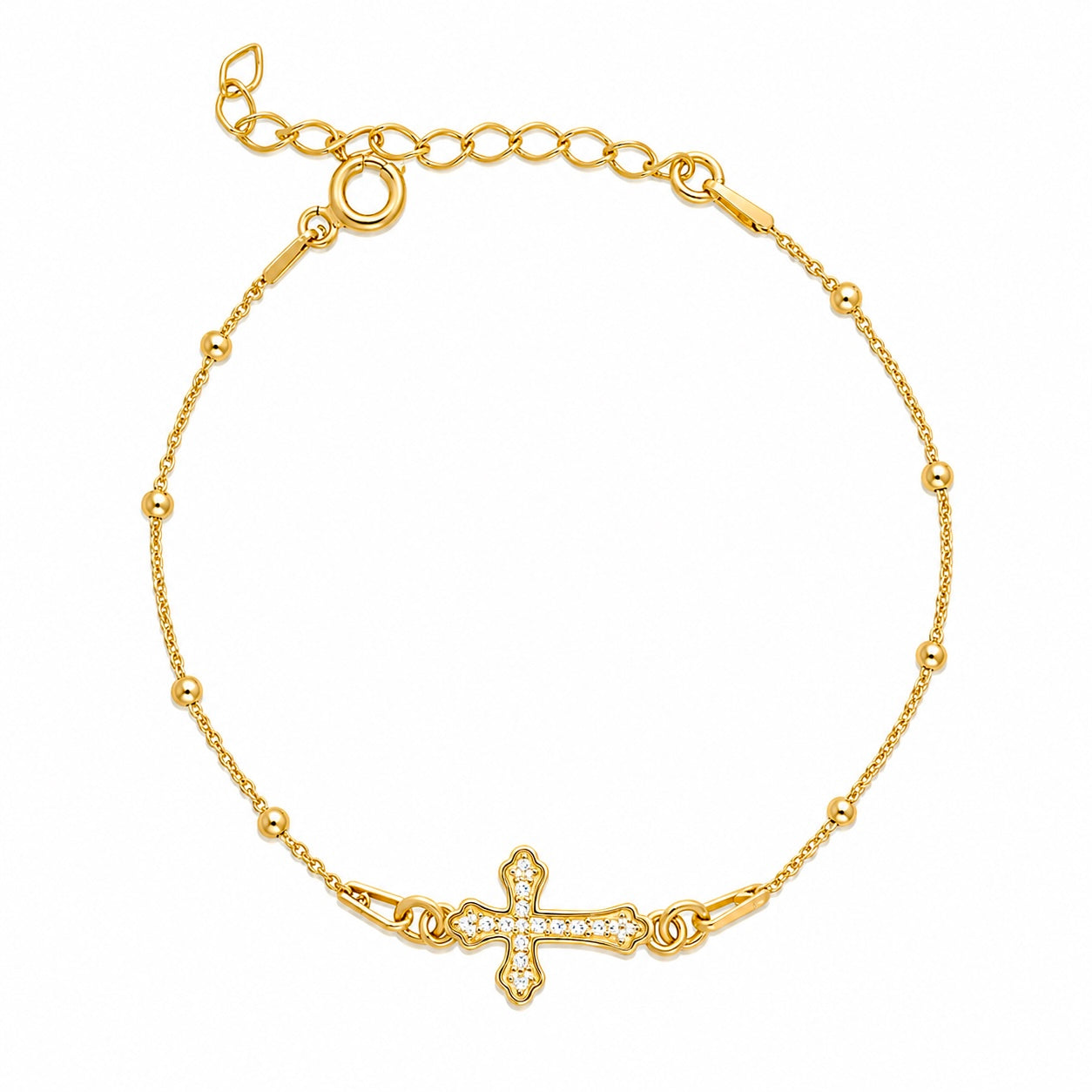 Brățară cu biluțe Divine Cross din argint 925 placat cu aur 18K, decorată cu cruce și zirconii strălucitoare. Bijuterie delicată și feminină semnată MAISON Stéphanie