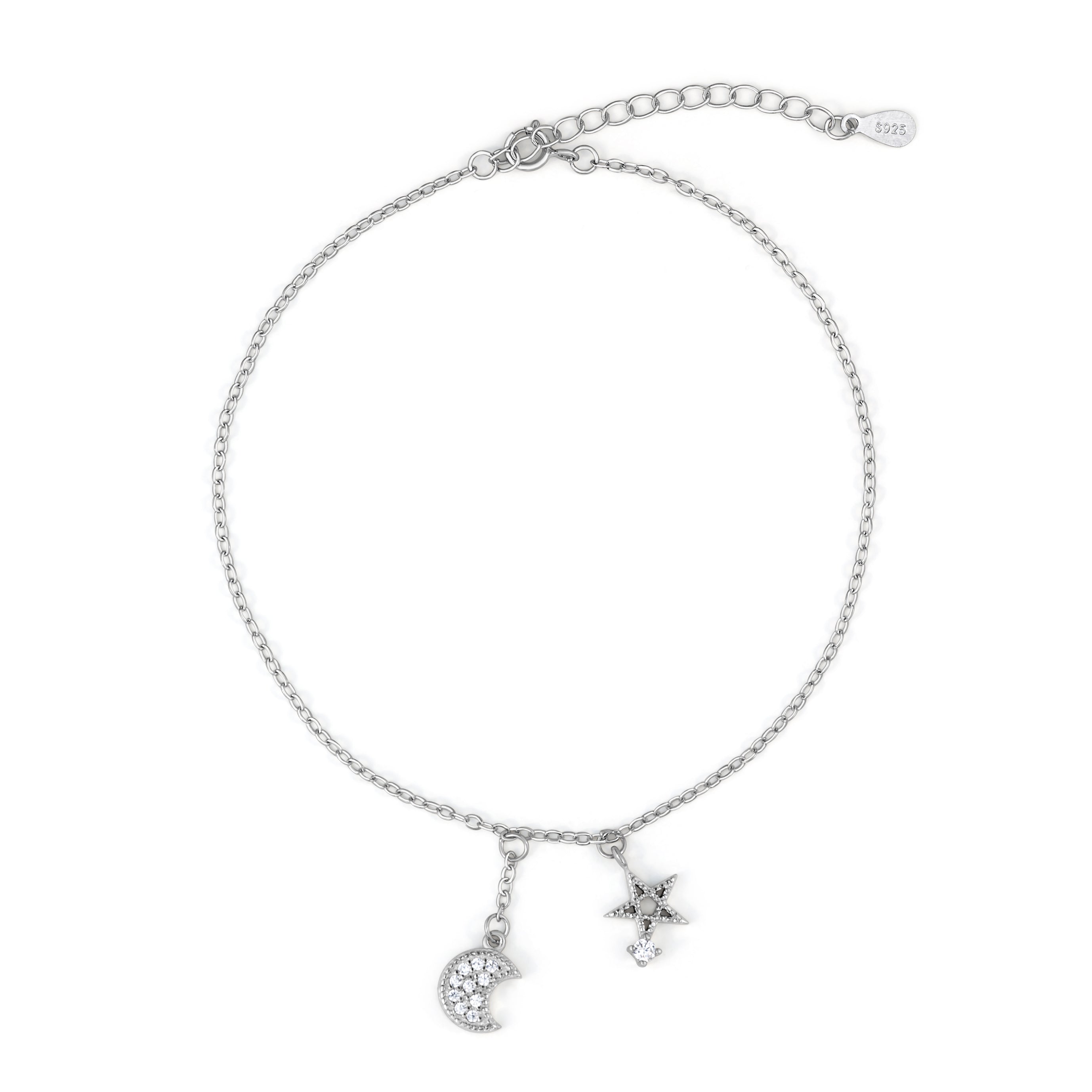 Brățară de picior din argint 925 rodiat cu lună și stea, bijuterie boemă și cadou ideal pentru femei, marca Maison La Stéphanie.