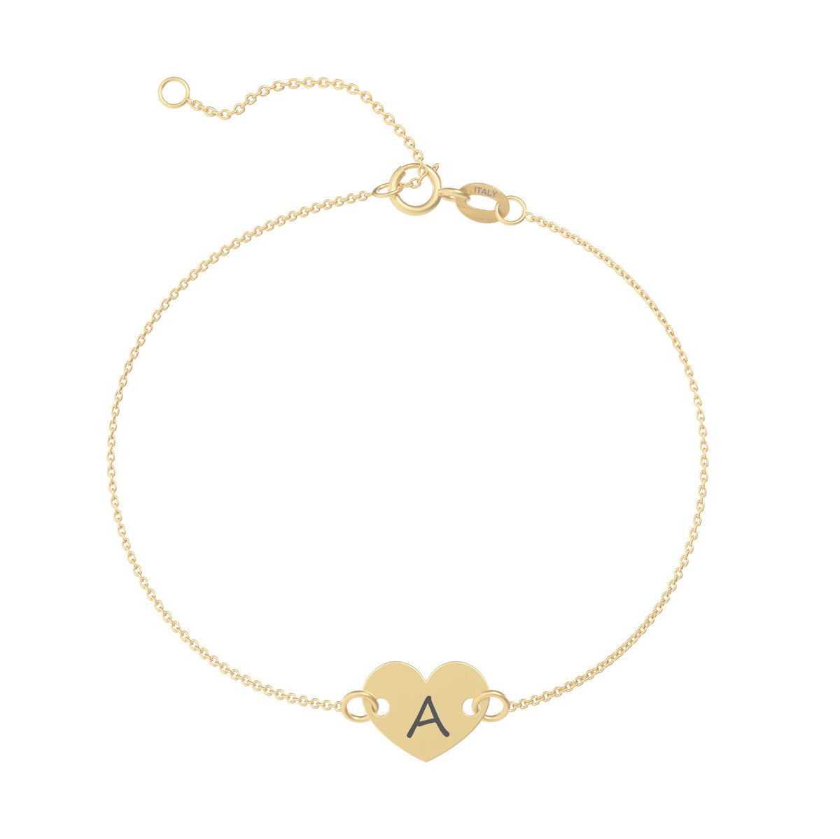 Brățară din aur de 8K cu inimioară personalizată prin gravură – inițială, text scurt, simbol, dată sau nume. Bijuterie delicată din aur galben, ideală pentru cadou personalizat.