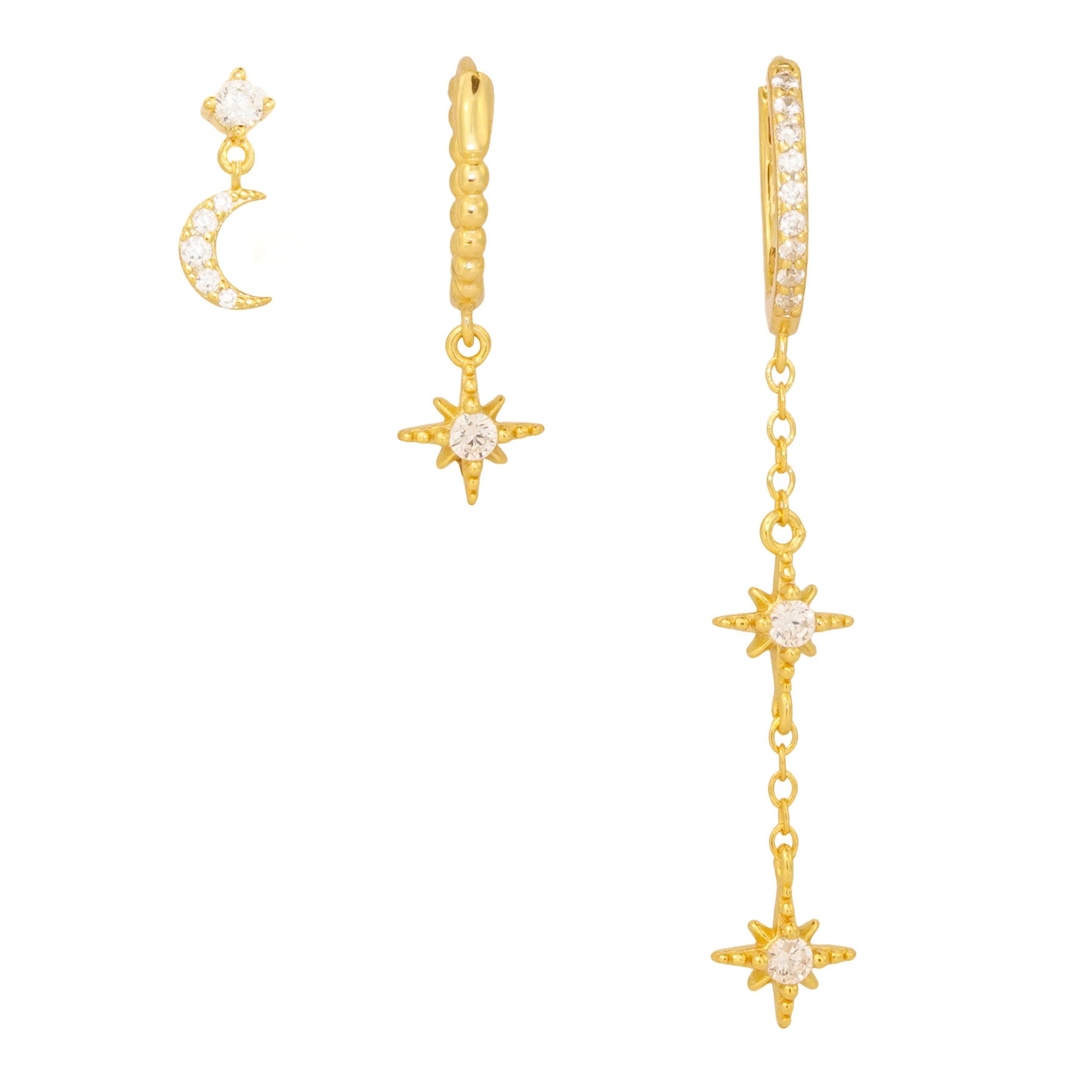 Celestial Trio Earrings, gold plated silver