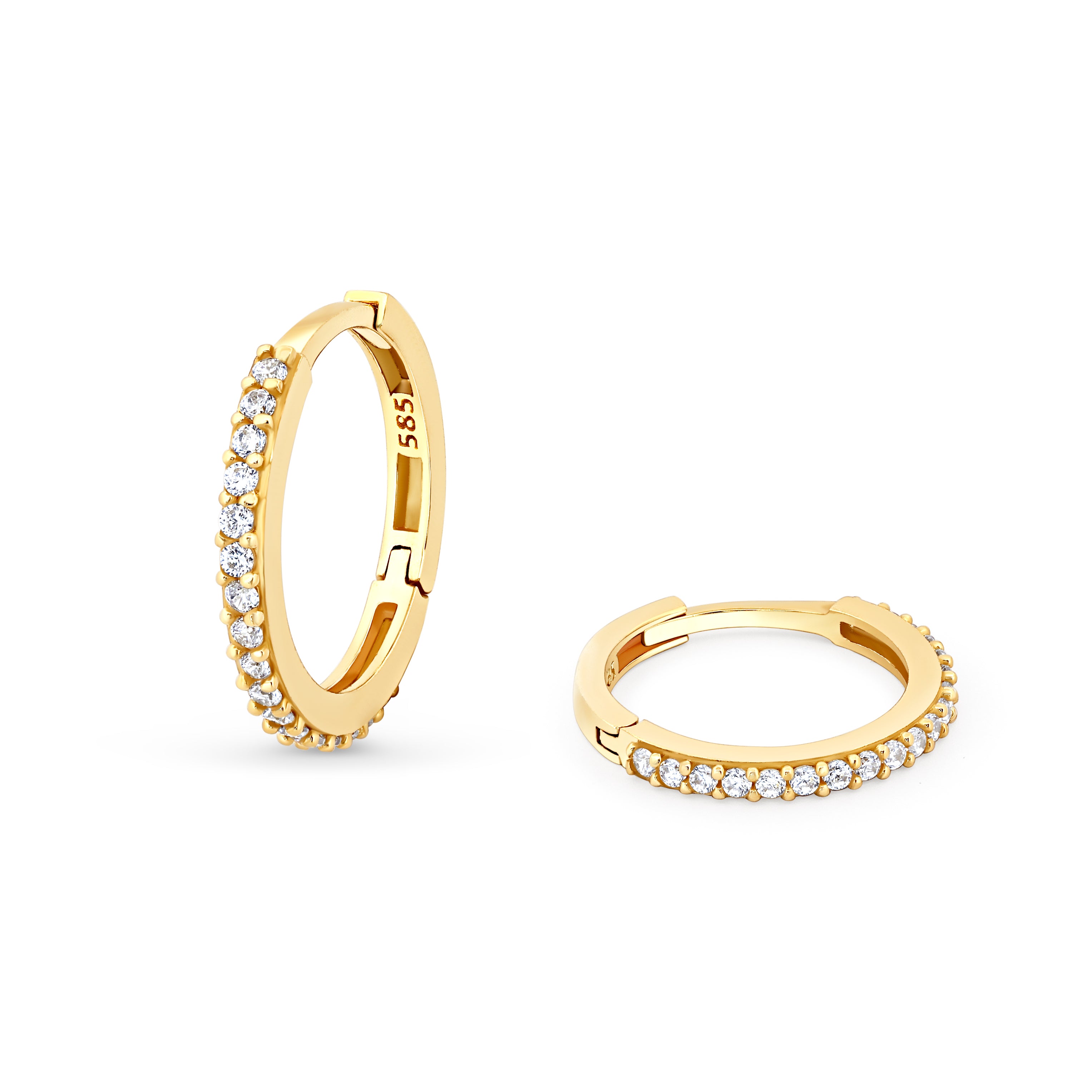 Cercei rotunzi din aur de 14K cu zirconii albe strălucitoare, design clasic și elegant tip hoops.