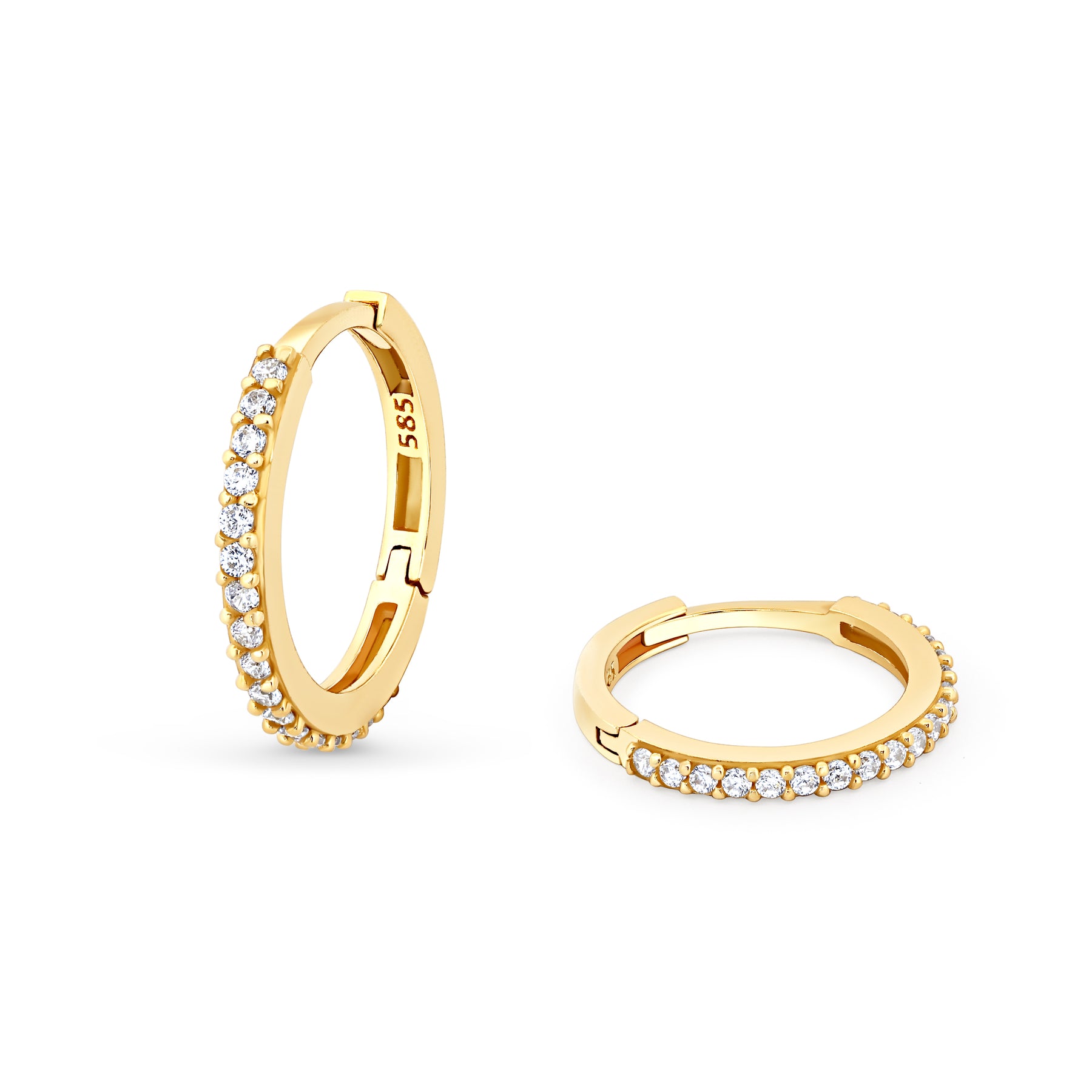 Cercei rotunzi din aur de 14K cu zirconii albe strălucitoare, design clasic și elegant tip hoops.