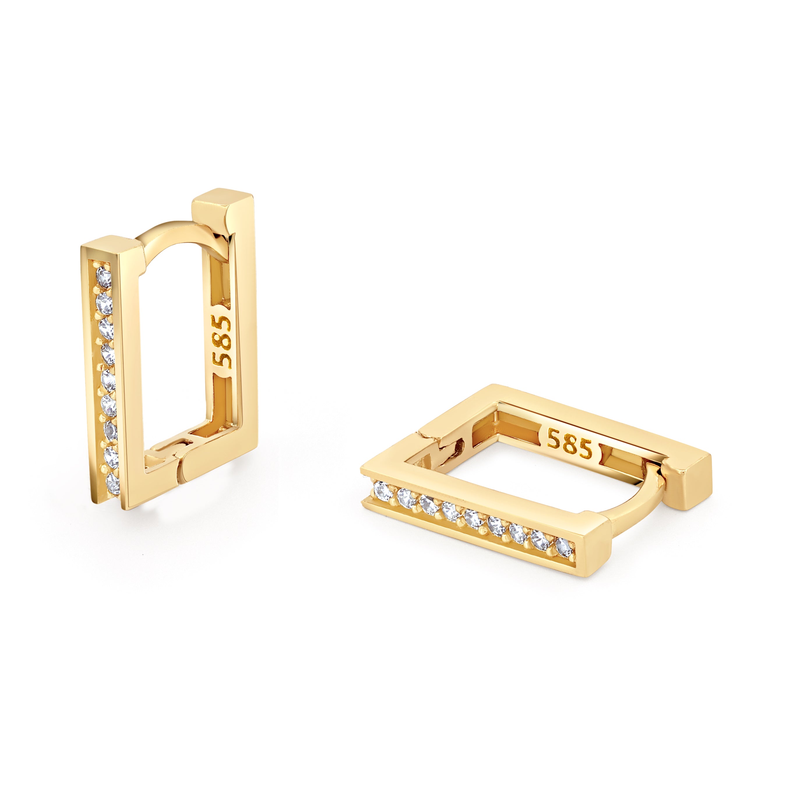 Cercei pătrați din aur de 14K cu șir de zirconii strălucitoare, design minimalist și sofisticat.