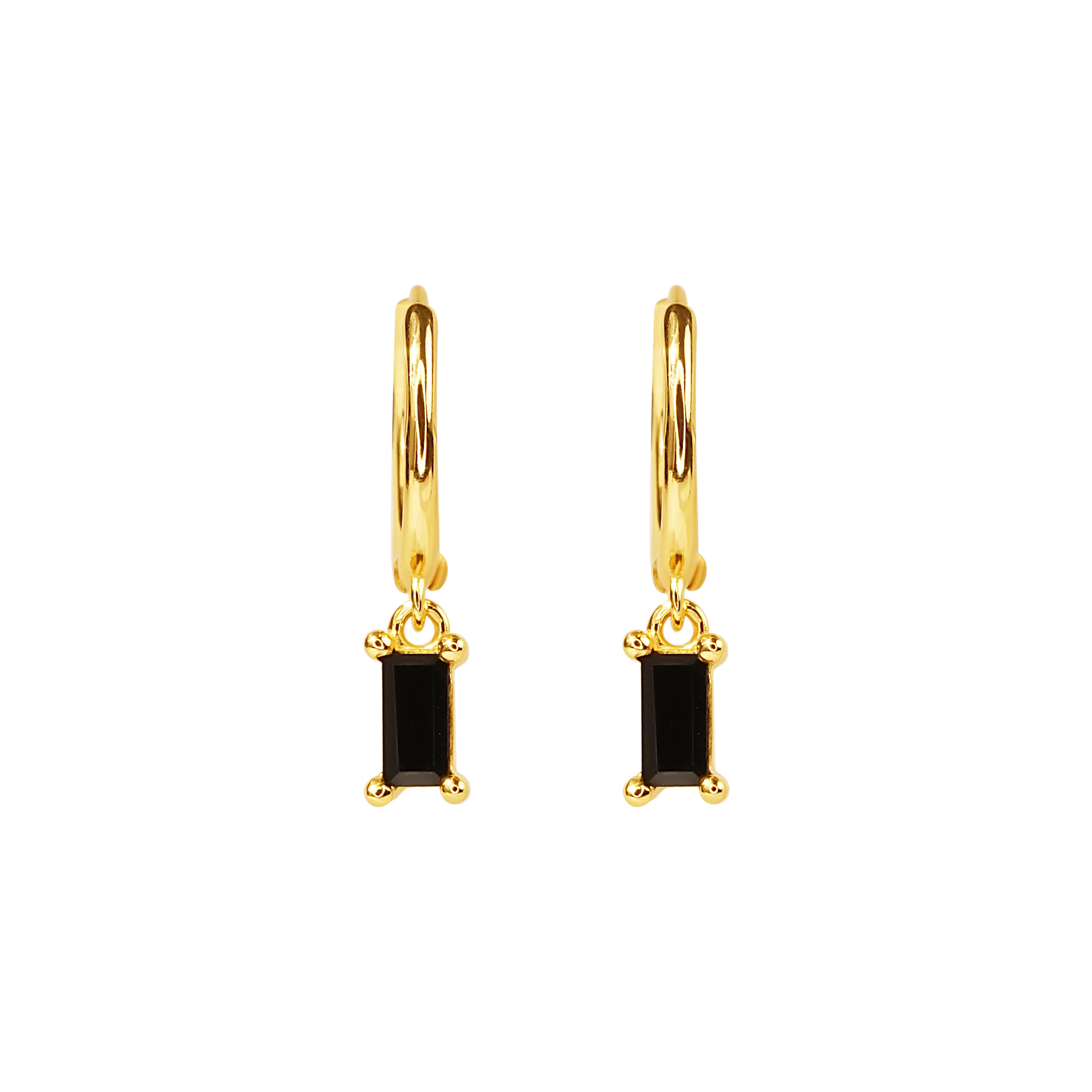 Classy Black Gemstone Silver Hoops, gold plated