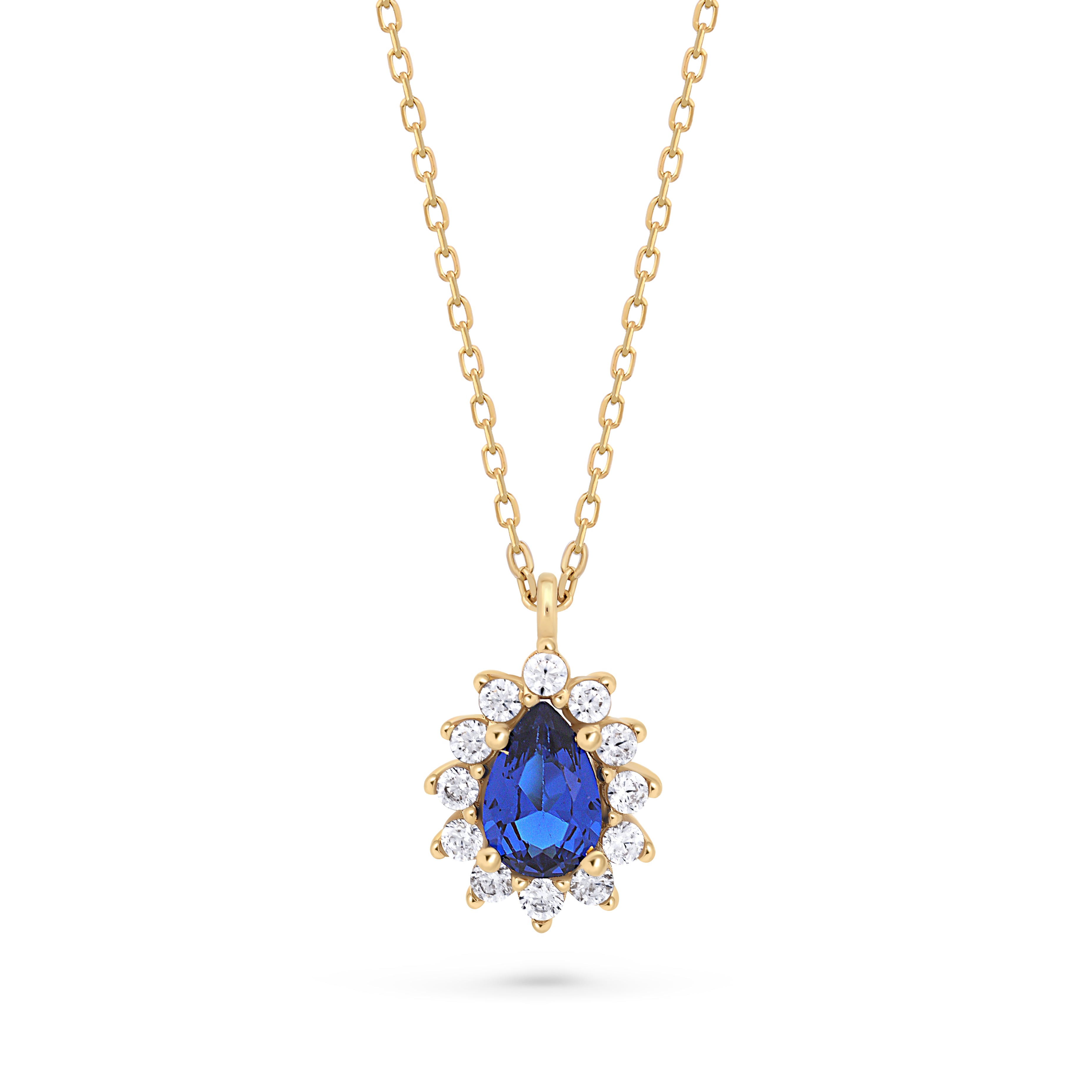 Colier elegant din aur galben 14K cu pandantiv în formă de lacrimă, decorat cu piatră albastră safir și zirconii albe în jur
