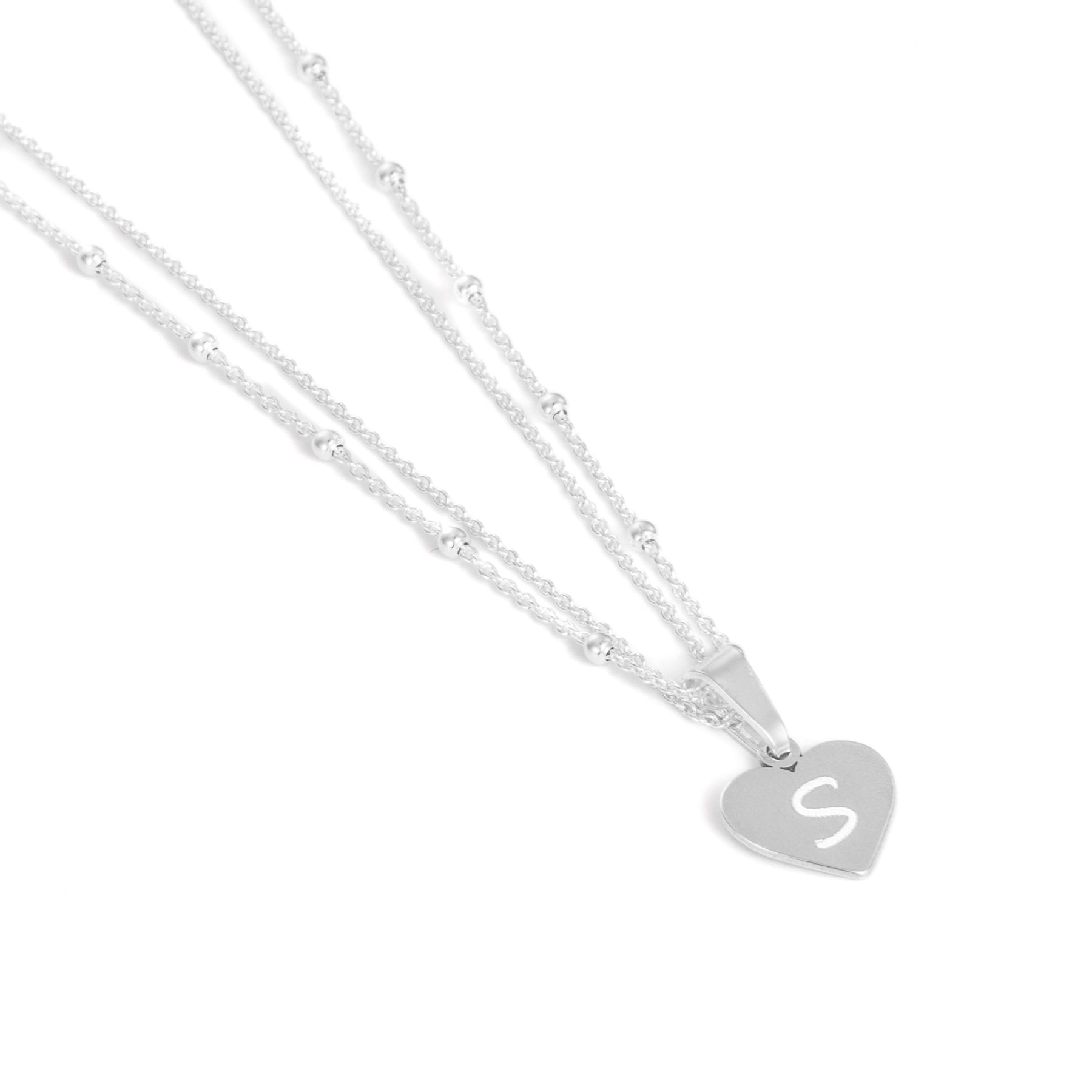 Double Chain Initial Necklace with Heart Pandant, sterling silver