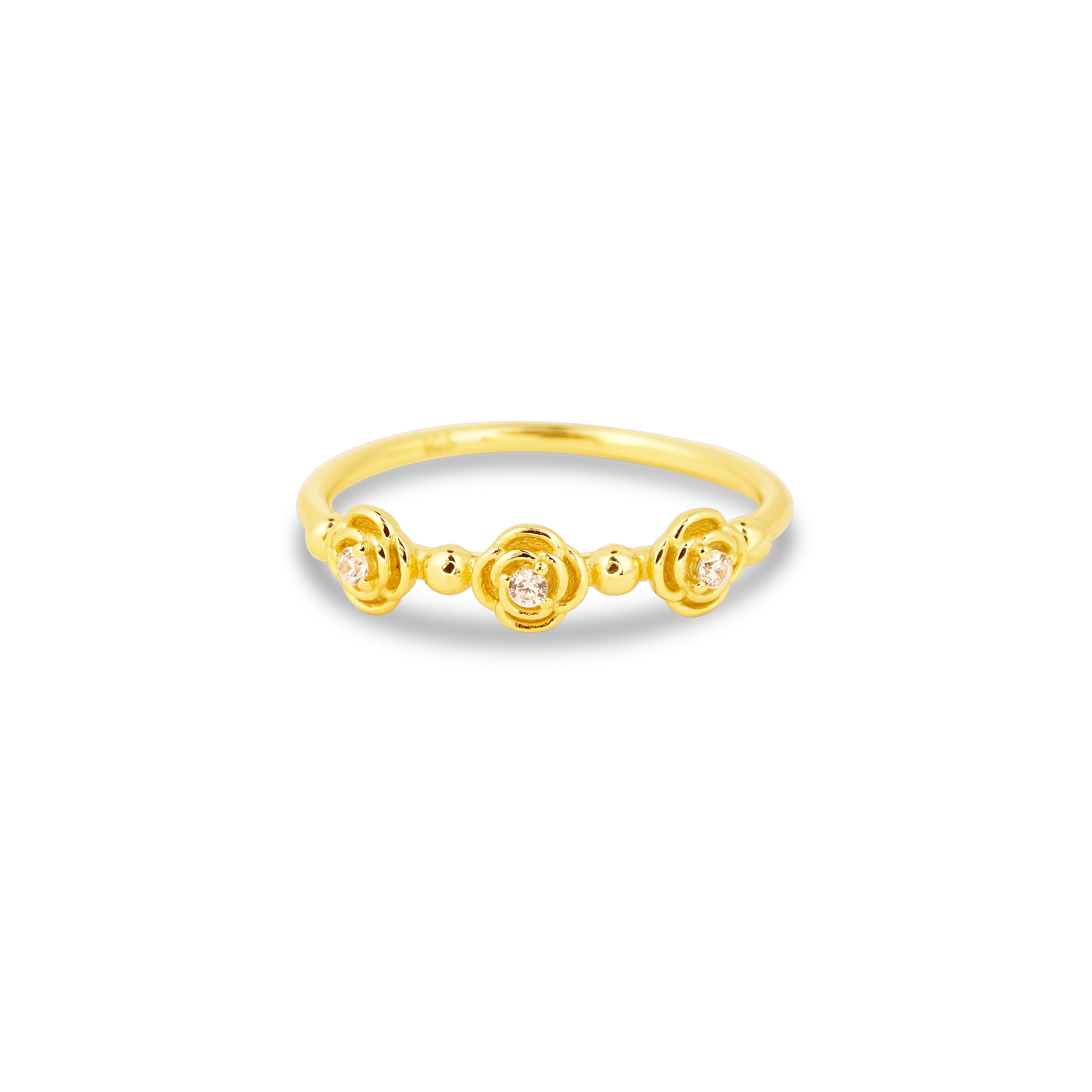 Inel floral elegant din argint 925 placat cu aur 18K, cu zirconii strălucitoare. Bijuterie rafinată, ideală pentru cadouri feminine. Maison La Stéphanie.
