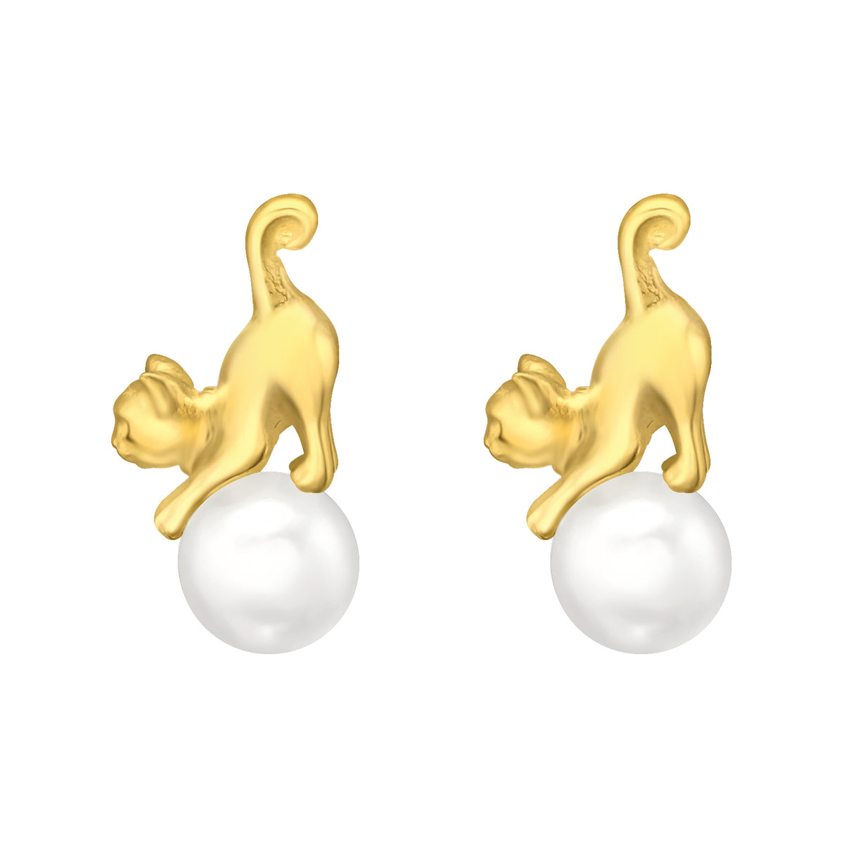Girls love cats and pearls, gold plated earrings