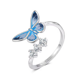Inel din argint 925 placat cu rodiu, cu fluture albastru din email și zirconii strălucitoare, design ajustabil