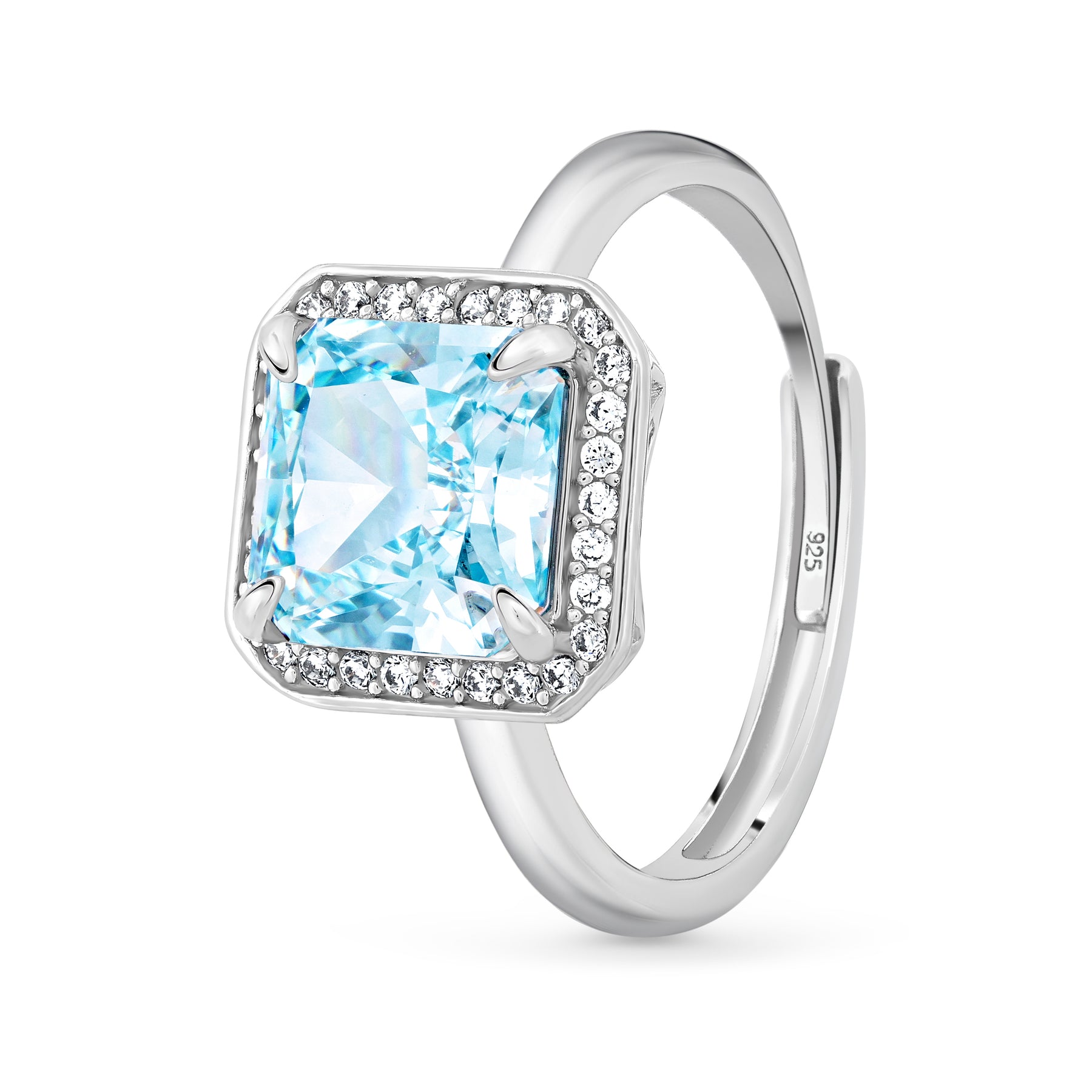 Inel argint 925 placat cu rodiu cu moissanit albastru pătrat