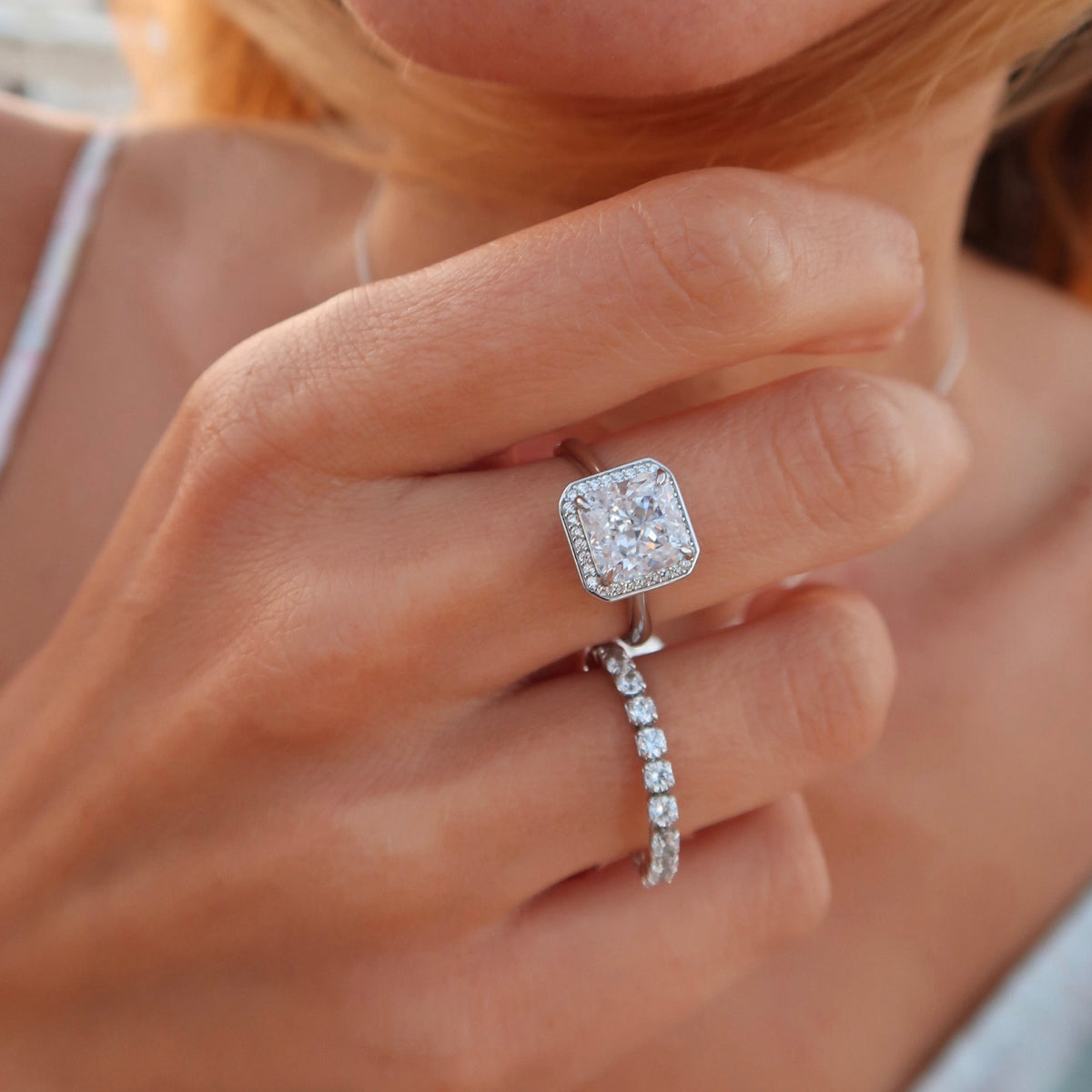 Inel moissanit alb patrat cu zirconii argint 925 Eclat de Glace maison la stephanie