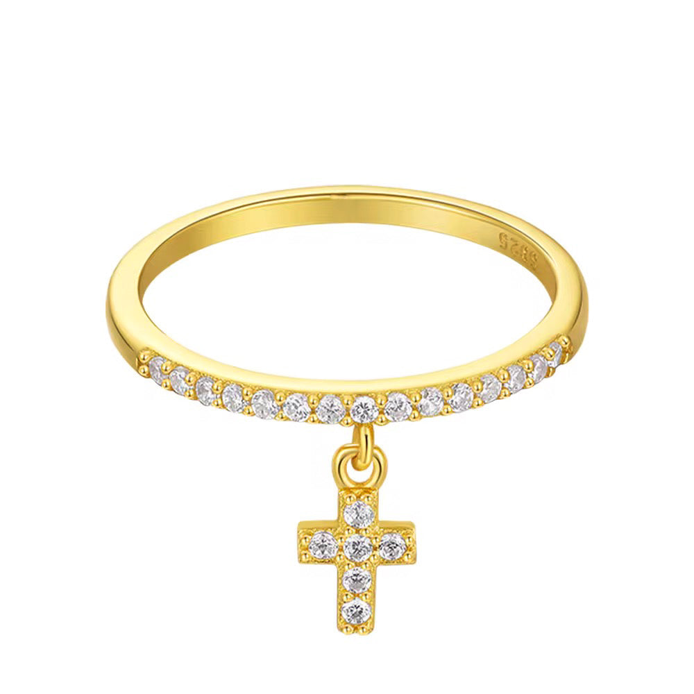 Inel fin din argint 925 placat cu aur, cu zirconii și cruciulita mobila decorativa brand maison stephanie