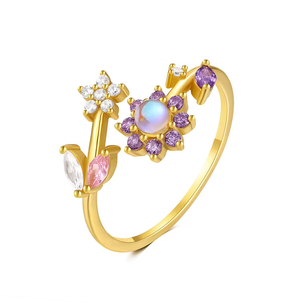 Inel din aur galben cu floare mov Si opal în centru, design floral rafinat, marca Maison La Stéphanie.
