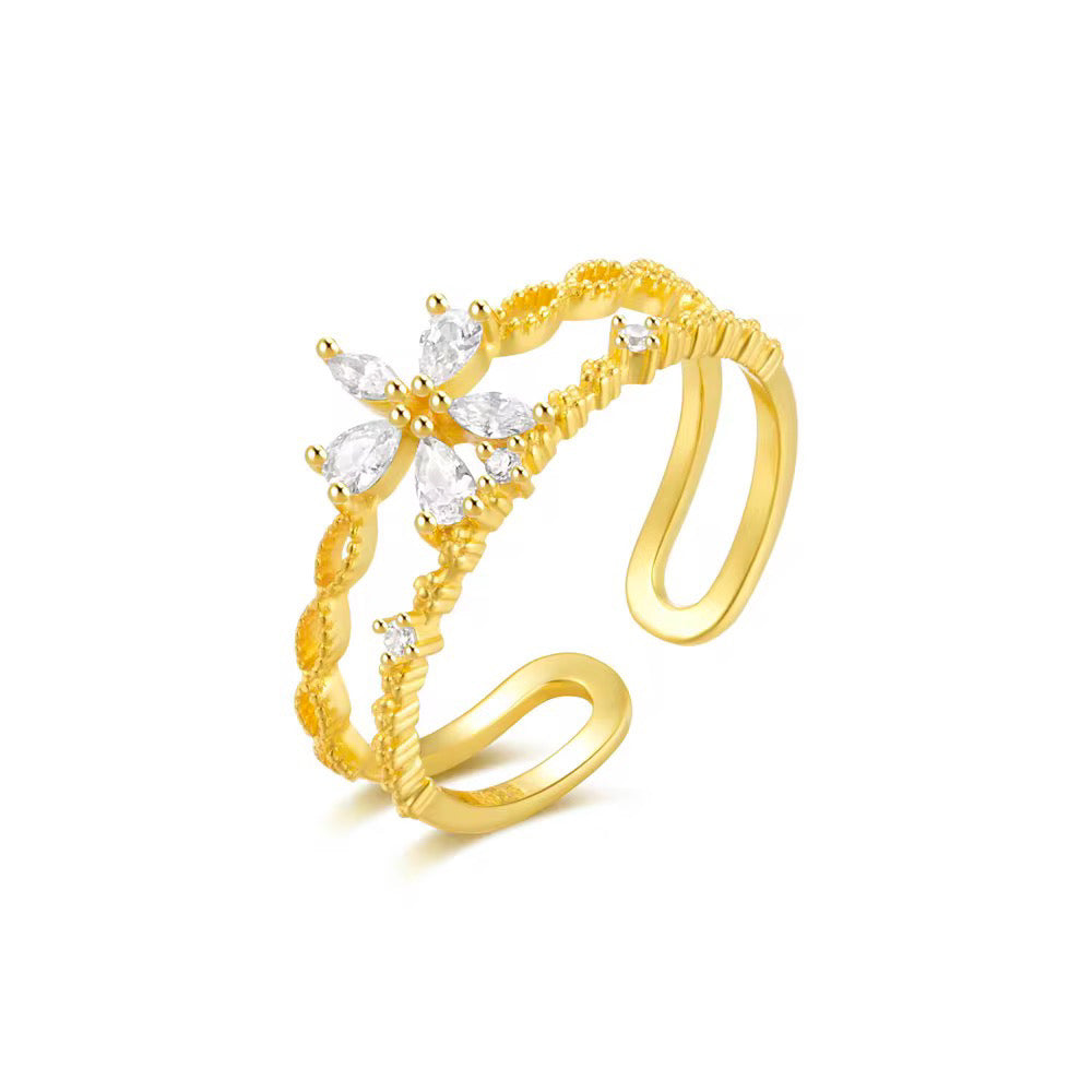 Inel aur galben reglabil cu floare din zirconii albe, design inspirat dintr-o gradina secreta, marca Maison La Stéphanie