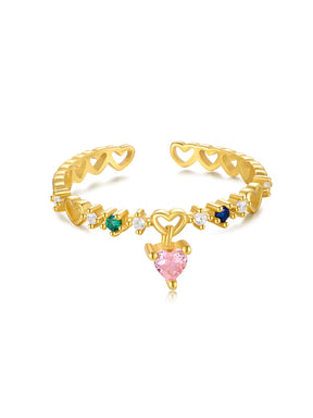 Inel din argint 925 placat cu aur, decorat cu inimioare decupate și pietre colorate, inclusiv o inima roz suspendata – Maison La Stéphanie