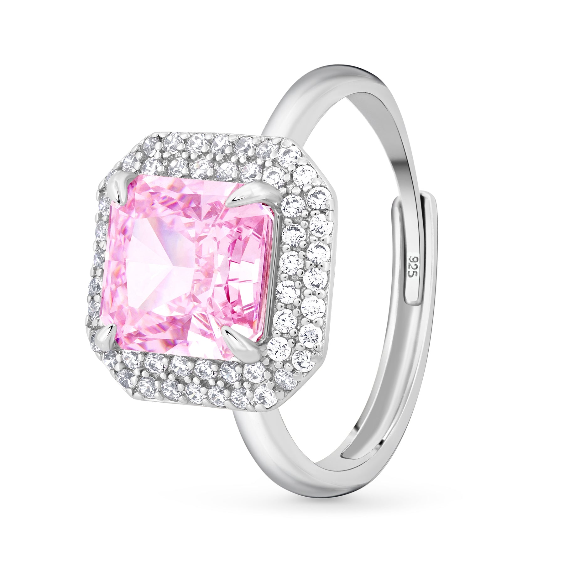 Inel cu moissanit roz pudrat radiant din argint 925 placat cu rodiu