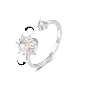 Inel din argint 925, cu soare opalescent rotativ și zirconiu strălucitor, model ajustabil AU friendly