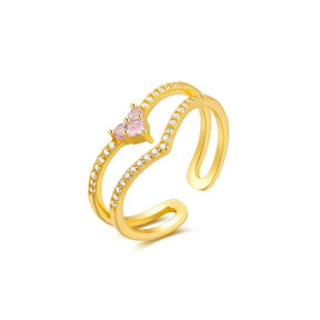 inel din argint placat cu aur, zirconii albe si inimioara mica roz deschis, forma coronita in v