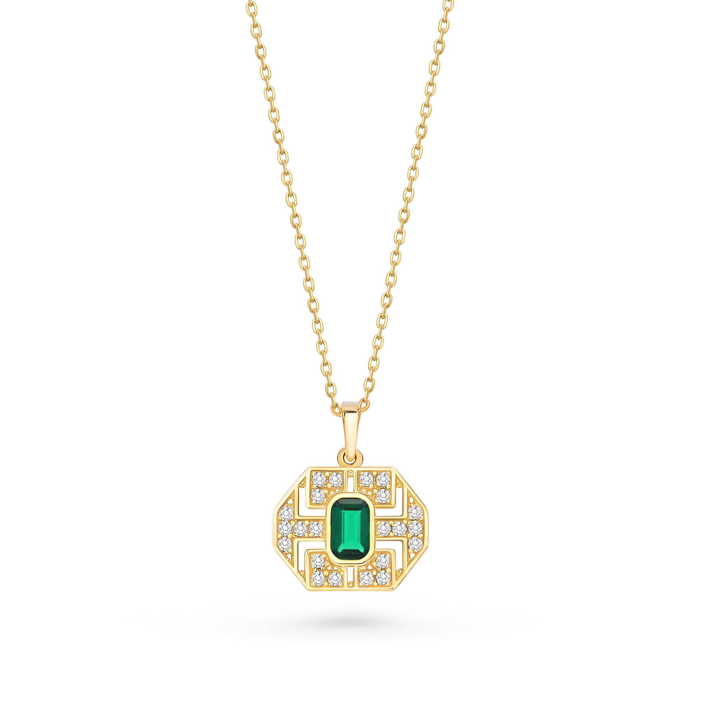 colierdin aur de 14K are un pandantiv cu linii labirintice și detalii pavate cu zirconii verzi si albe