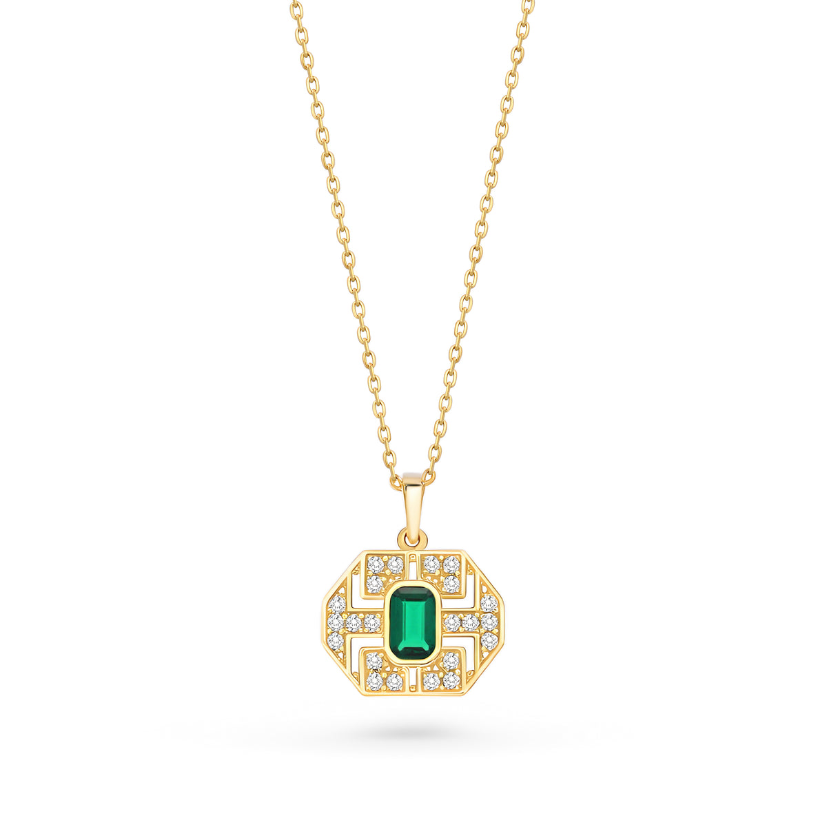 colierdin aur de 14K are un pandantiv cu linii labirintice și detalii pavate cu zirconii verzi si albe