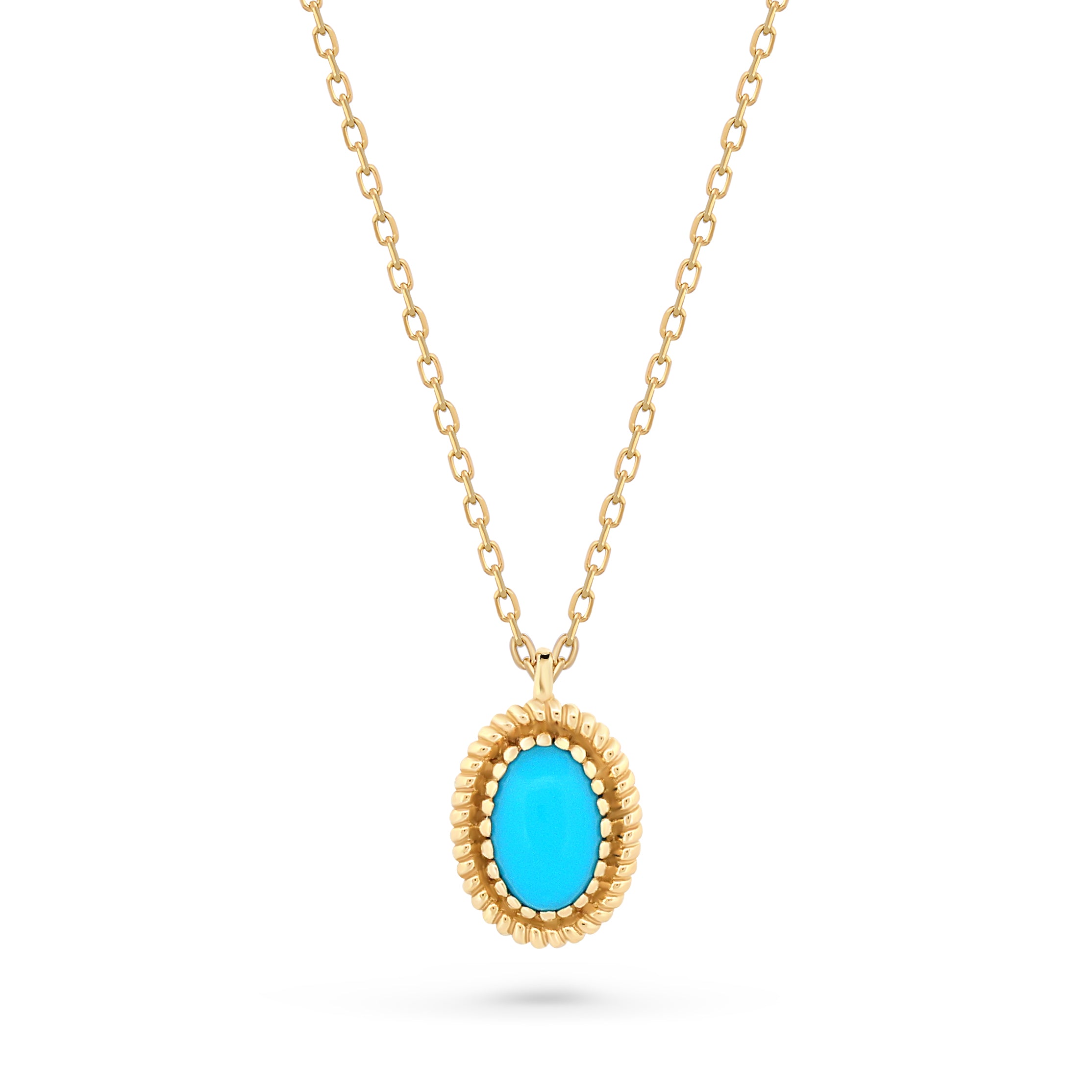lantisor delicat din aur 14K cu pandantiv oval și piatră turcoaz intens inconjurata de montura fina aurie. Design inspirat de profunzimea oceanului
