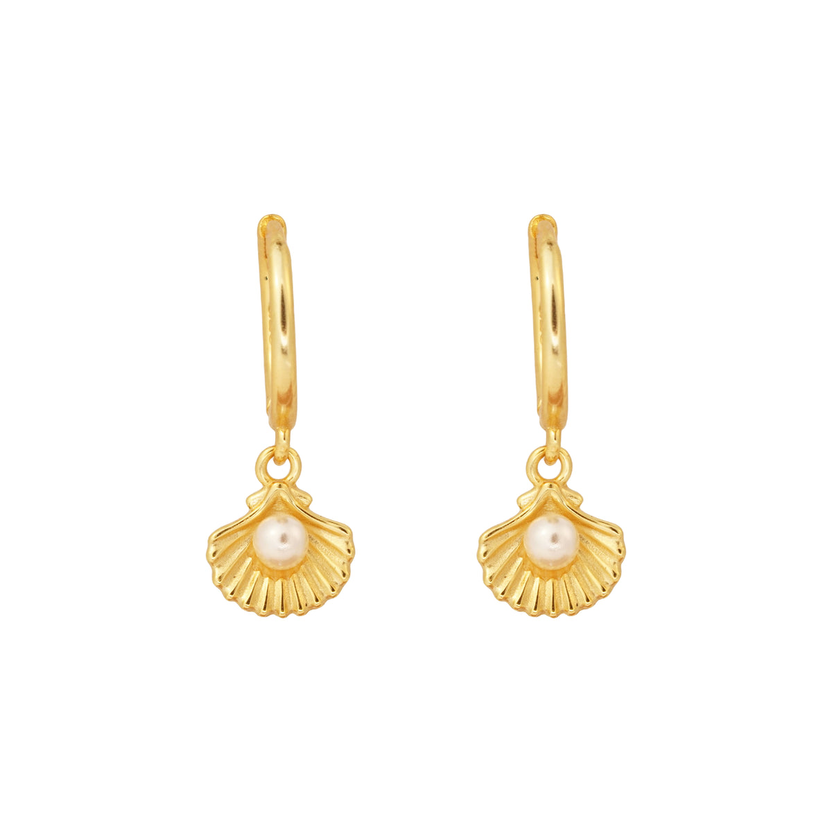 Ocean Seashell Pearl Silver Hoops, gold plated