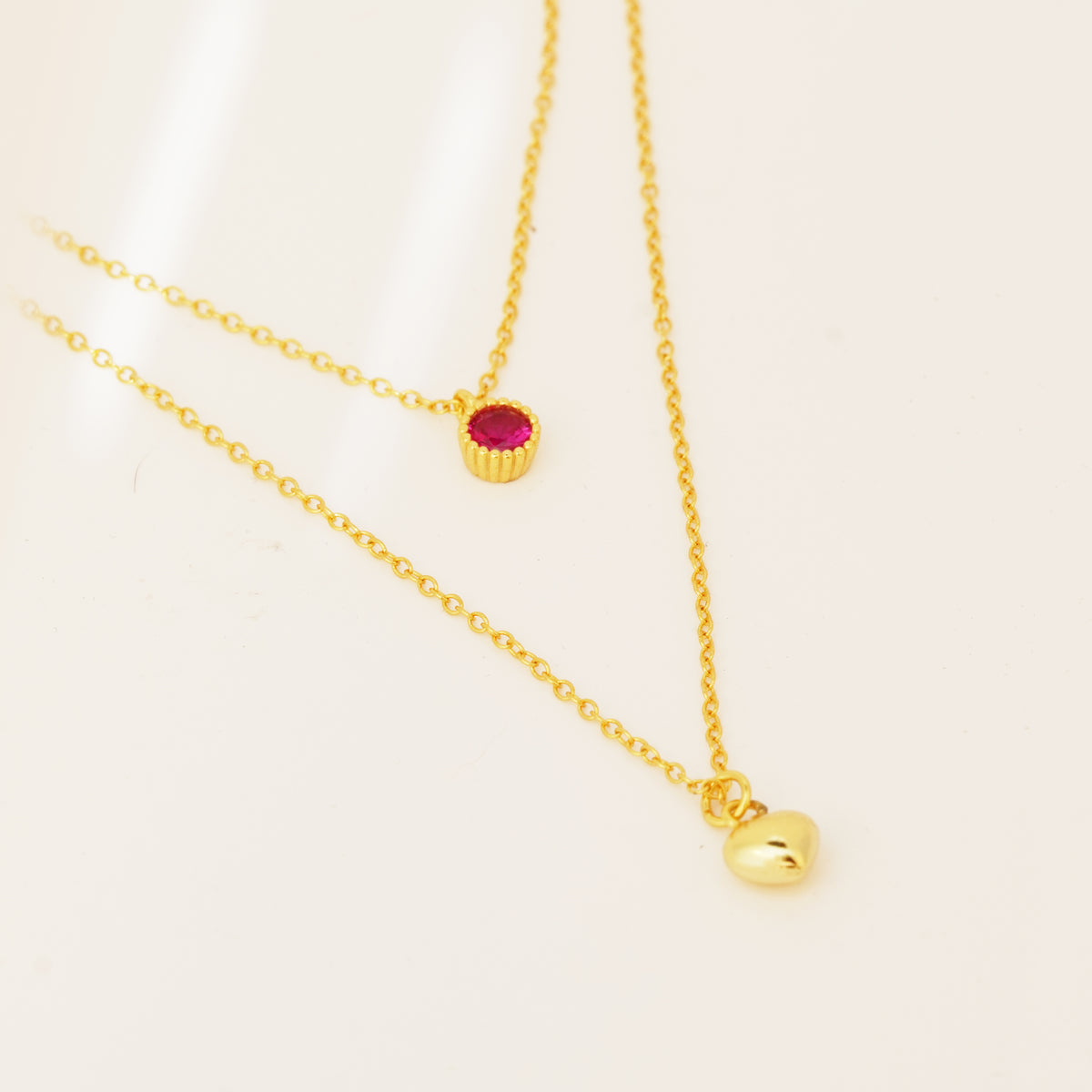 Ruby Heart Duo Necklace, gold plated silver