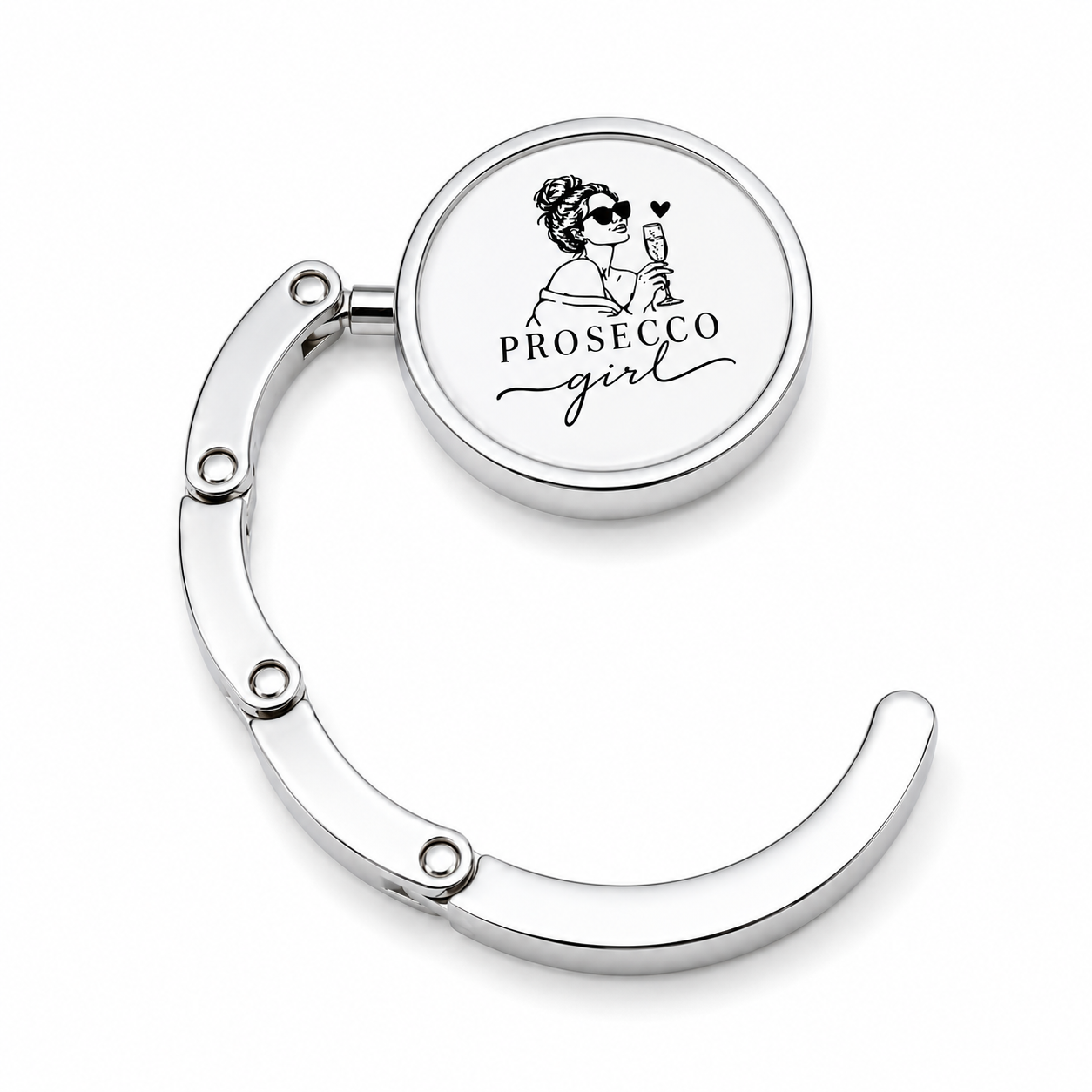 Agățătoare personalizată pentru geantă argintie din stainless steel, pliabilă, personalizată cu nume, logo sau design propriu.