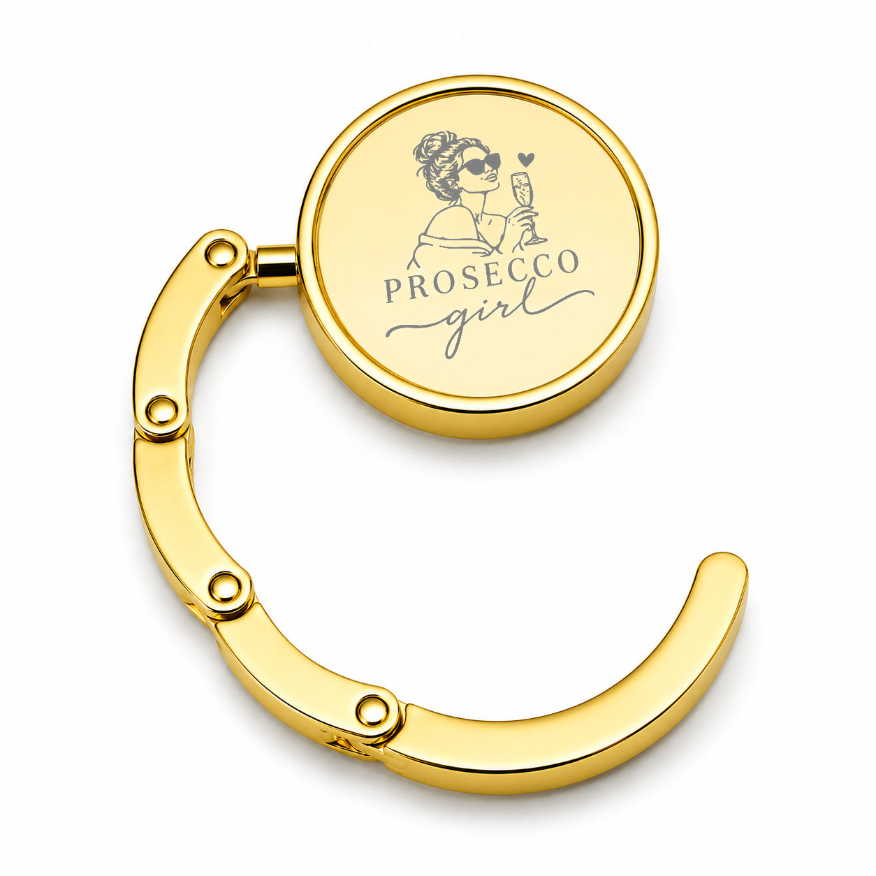 Agățătoare personalizată pentru geantă aurie din stainless steel, pliabilă, personalizată cu nume, logo sau design propriu.