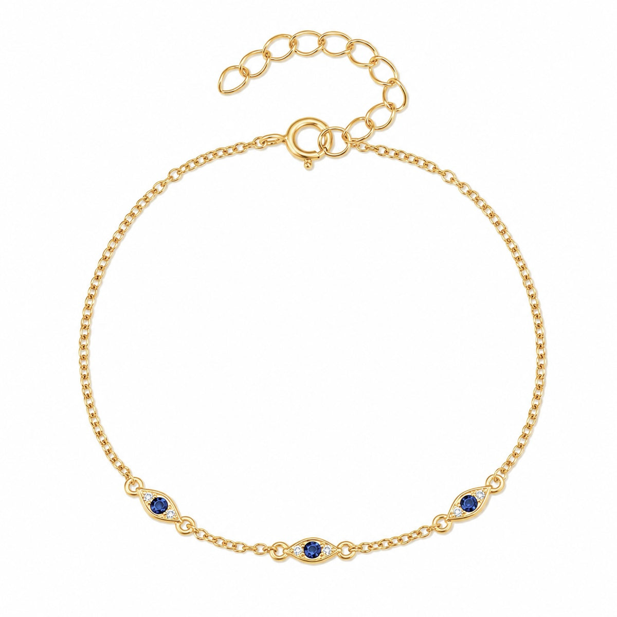 Brățară din argint 925 placat cu aur, cu simbol ochi protector și zirconii albastre. Model elegant și feminin cu design delicat.