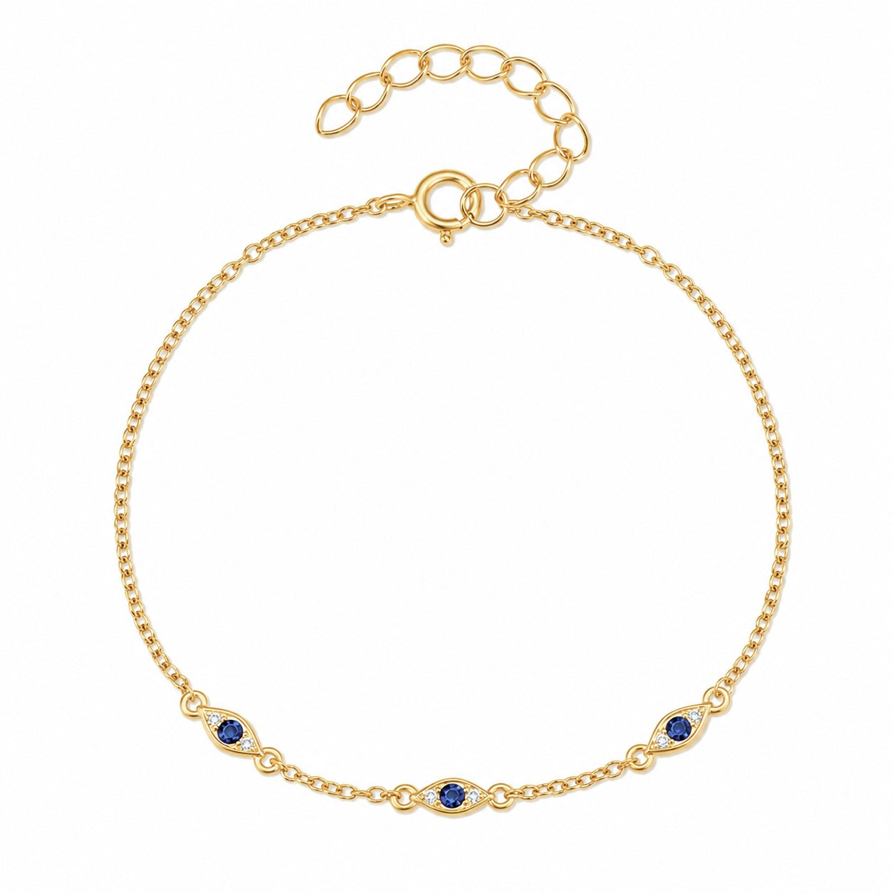Brățară din argint 925 placat cu aur, cu simbol ochi protector și zirconii albastre. Model elegant și feminin cu design delicat.