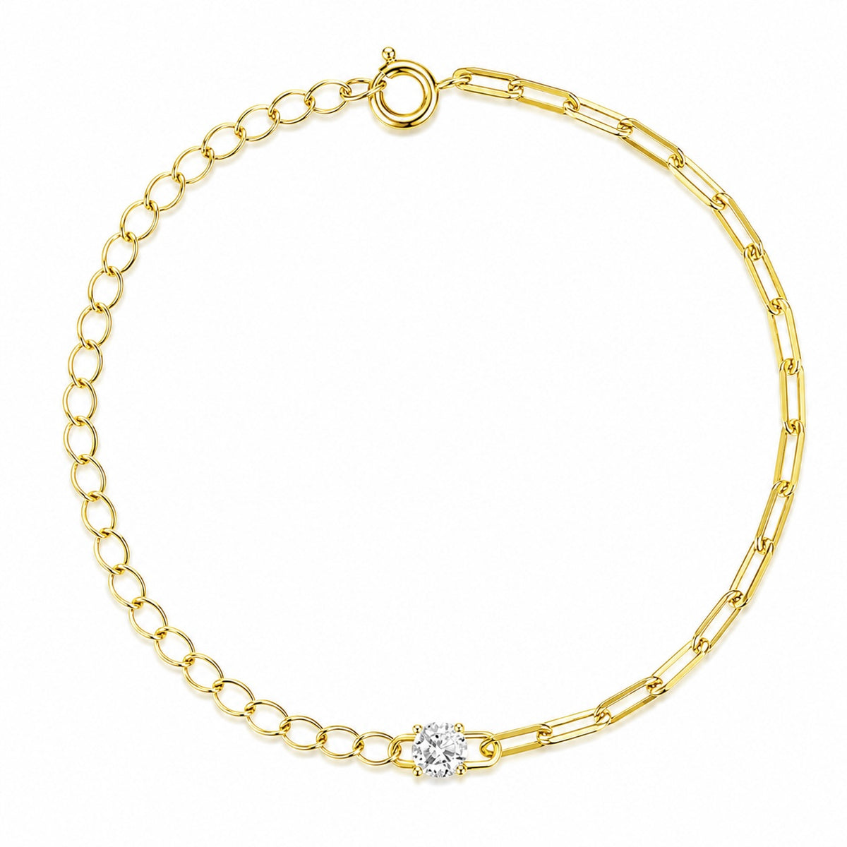 Brățară din argint 925 placat cu aur, cu zirconiu central și design modern mixed chain links. Model elegant și feminin.