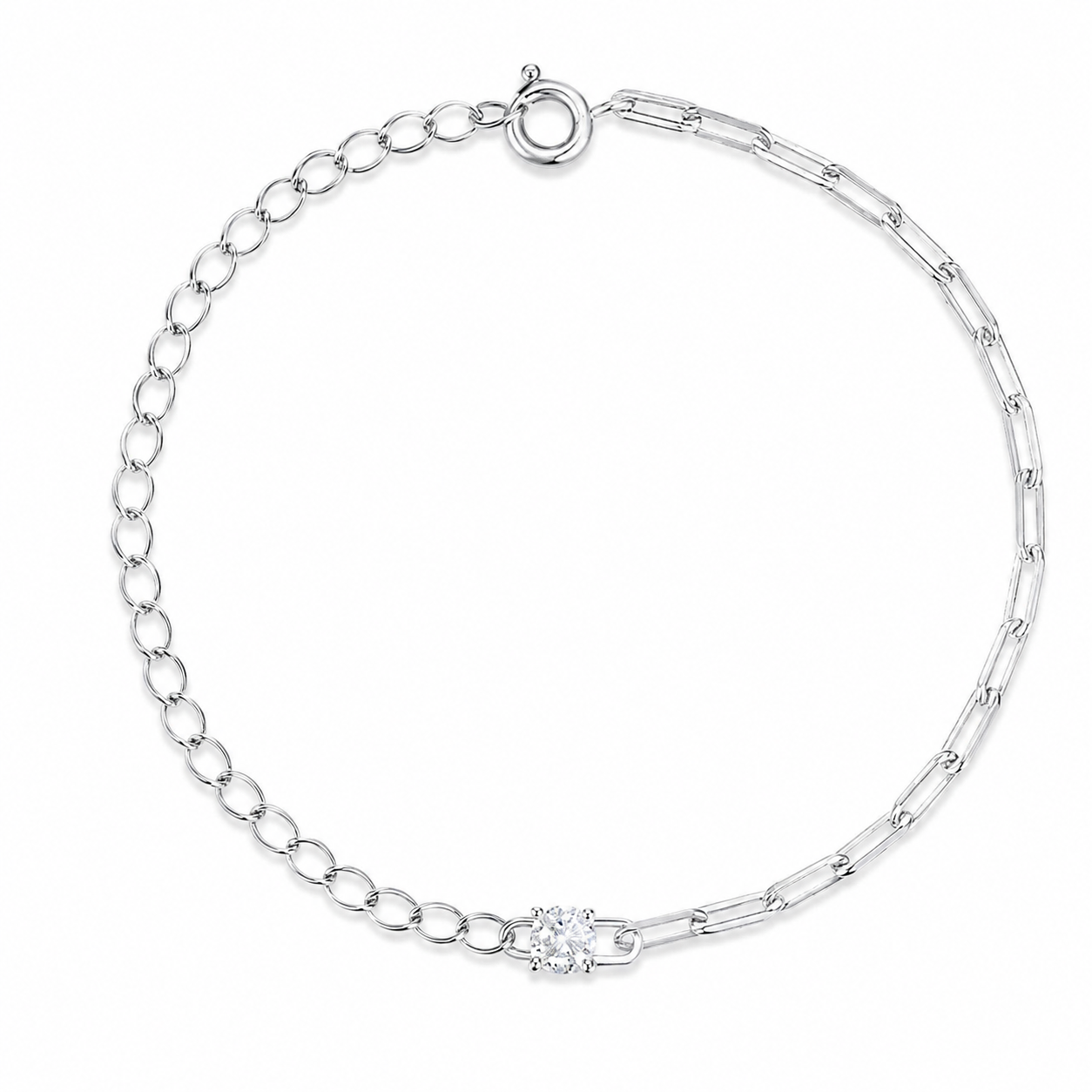 Brățară din argint 925 placat cu rodiu, cu zirconiu central și design modern mixed chain links. Model elegant și sofisticat.