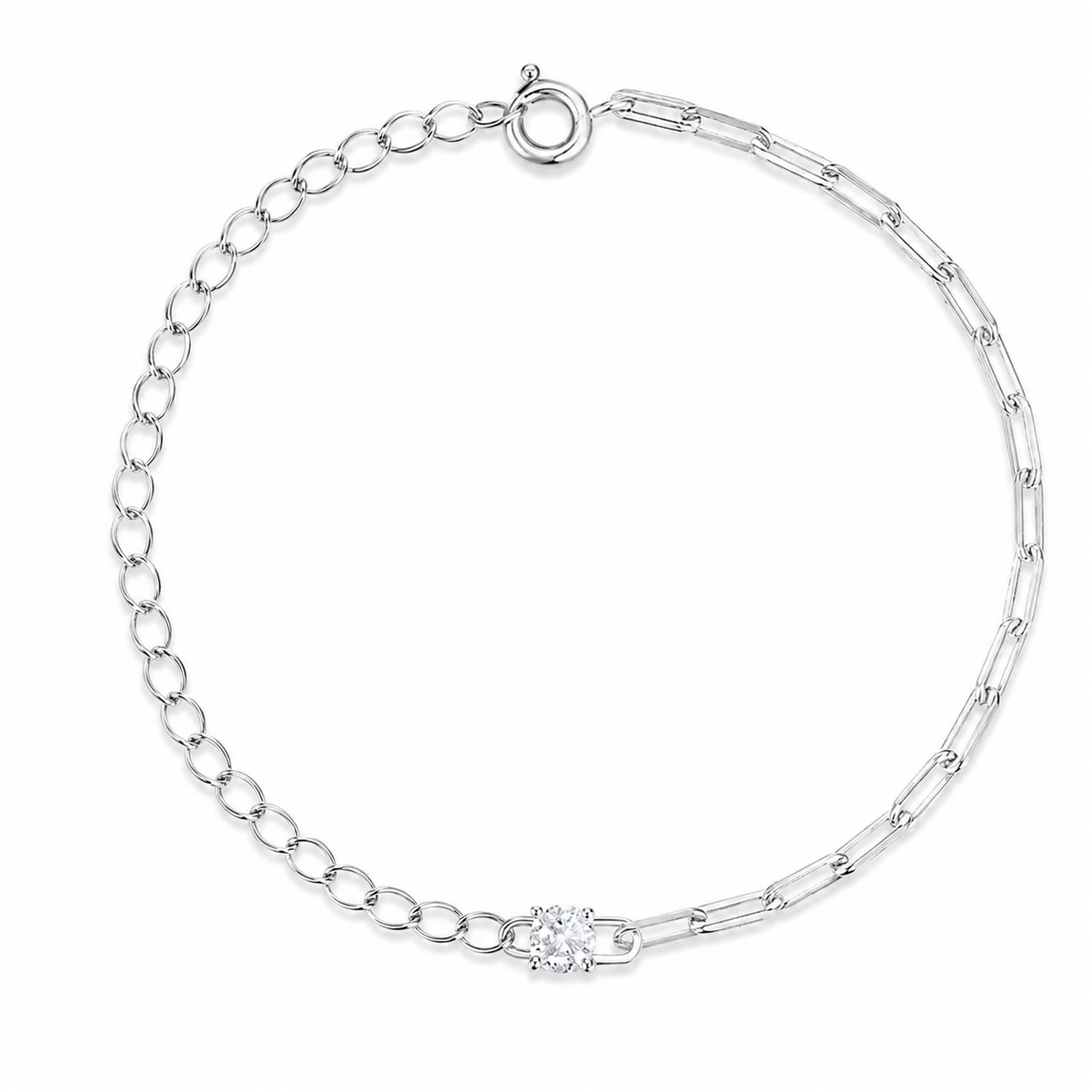 Brățară din argint 925 placat cu rodiu, cu zirconiu central și design modern mixed chain links. Model elegant și sofisticat.