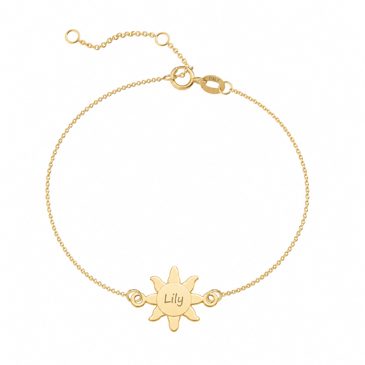 Charm din aur galben 8K (333) pentru bratara Soleil d'Or, in forma de soare stilizat cu disc central rotund neted si raze scurte rotunjite, pandantiv soare personalizabil prin gravura MAISON Stéphanie