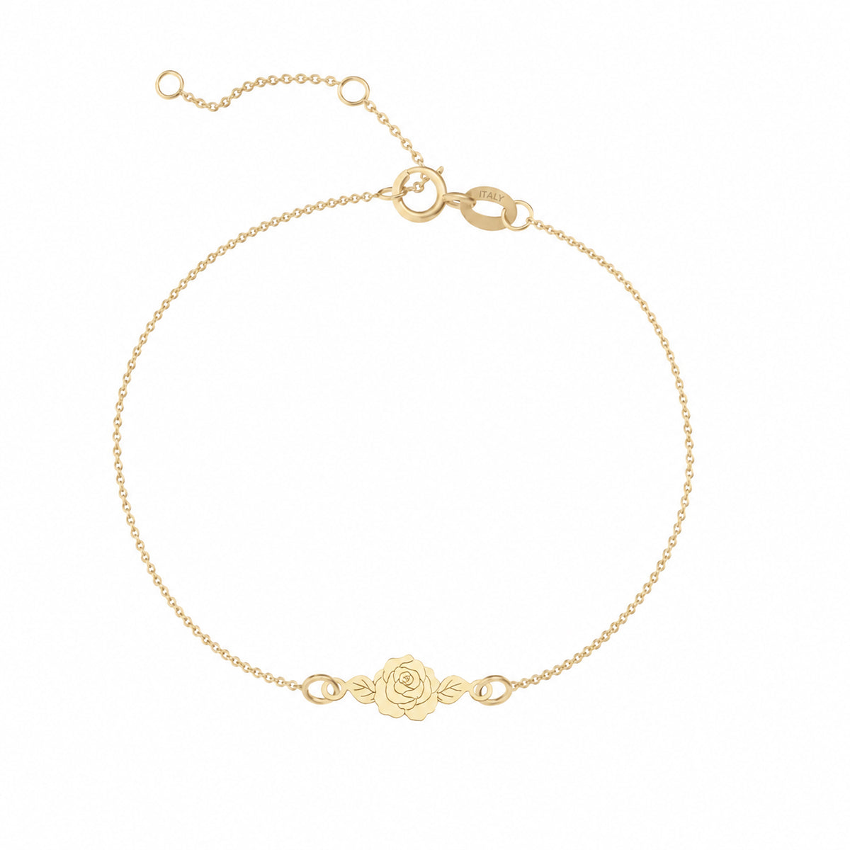 Charm din aur galben 8K (333) pentru bratara Fleur d'Amour, in forma de trandafir stilizat cu boboc floral, petale conturate, tulpina subtire si frunze delicate, pandantiv floare trandafir din aur MAISON Stéphanie