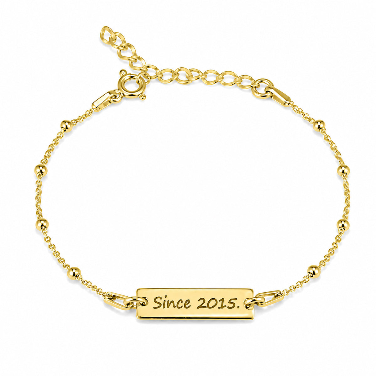 Bratara cu bilute personalizata din argint 925 placata cu aur, cu placuta si mesaj gravat, bijuterie MAISON Stéphanie si cadou personalizat pentru femei