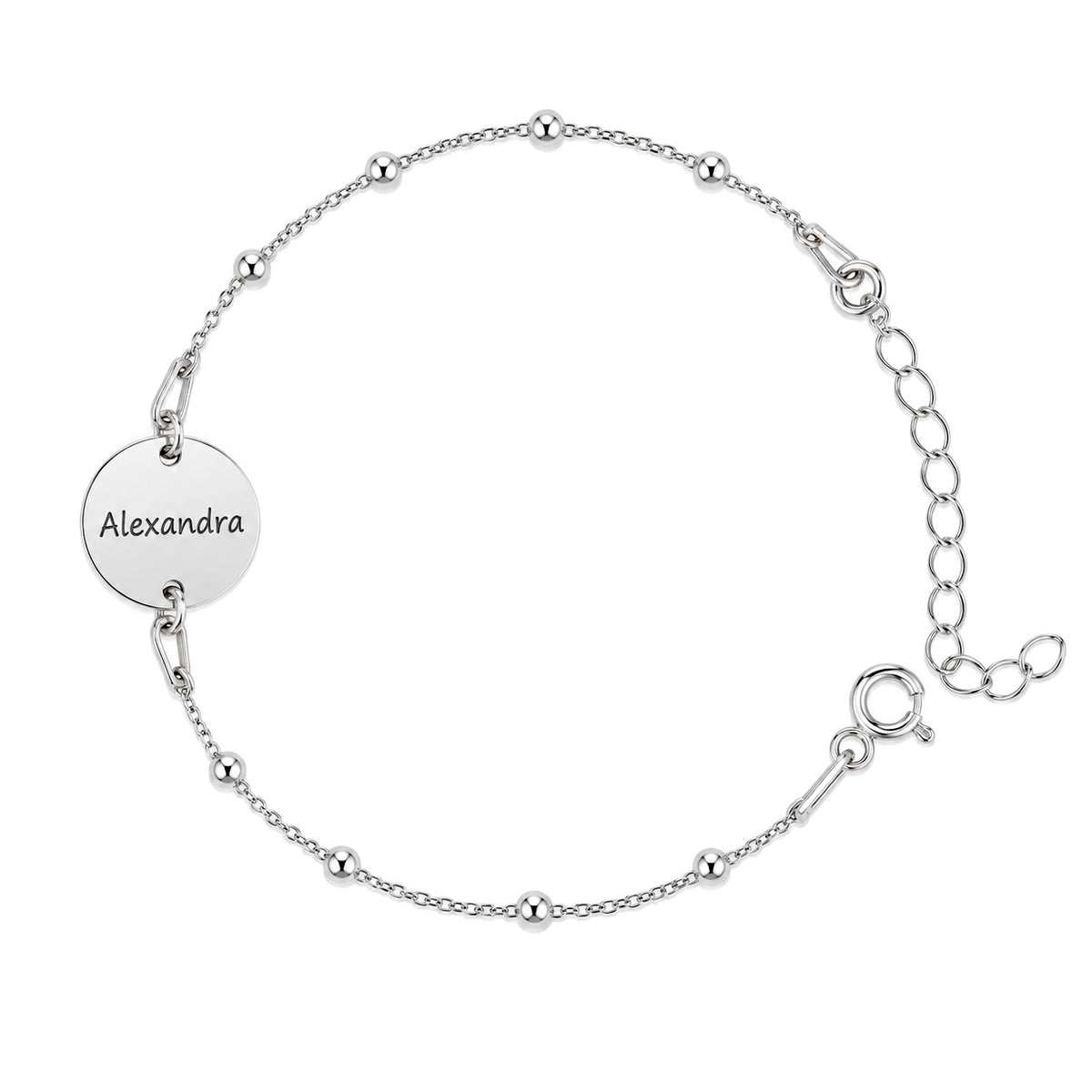 Bratara cu bilute personalizata din argint 925, cu banut gravat cu nume, bijuterie MAISON Stéphanie si cadou personalizat pentru femei