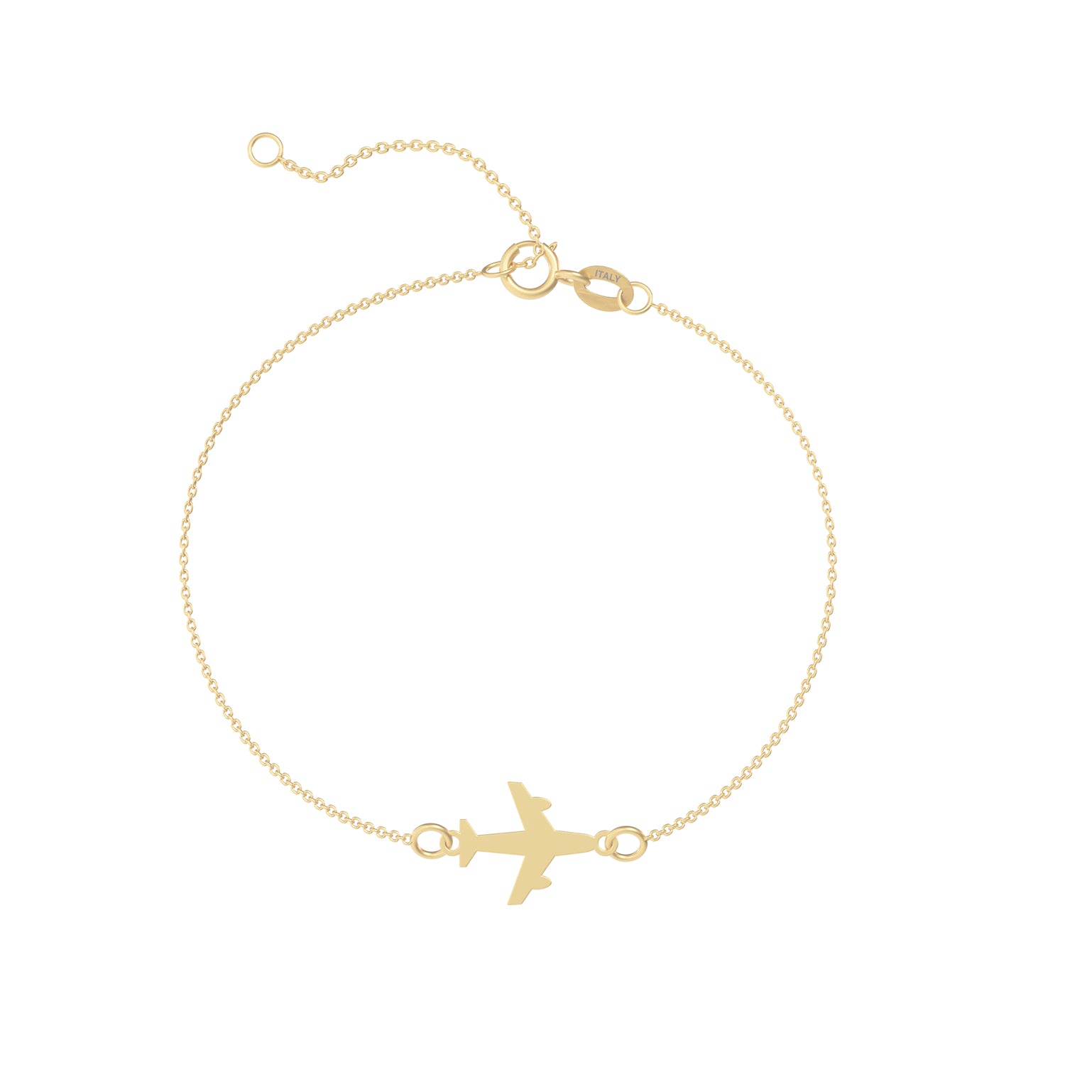 Brățară din aur de 8K cu charm avion, realizată din aur galben, cu design delicat și lanț fin ajustabil. Bijuterie simbolică, ideală pentru iubitorii de călătorii sau cadou cu semnificație.