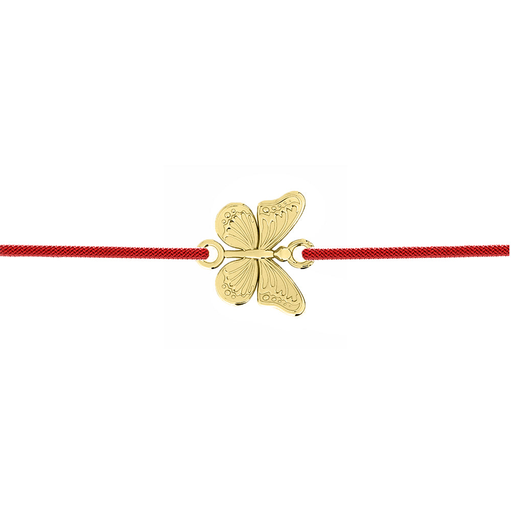 Brățară din șnur roșu cu fluture din argint 925 placat cu aur 18K – bijuterie Maison La Stéphanie, simbol al transformării și al norocului, cadou perfect pentru Mărțișor sau 8 martie.