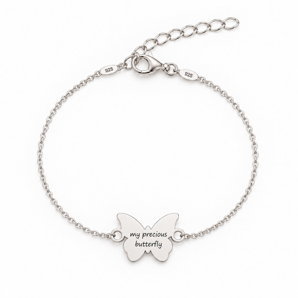 Bratara Libre Comme l'Air cu pandantiv fluture cu aripi rotunjite, suprafata aurie gravata cu mesajul my precious butterfly, lant subtire cu inchidere ajustabila, model personalizabil disponibil in Argint 925