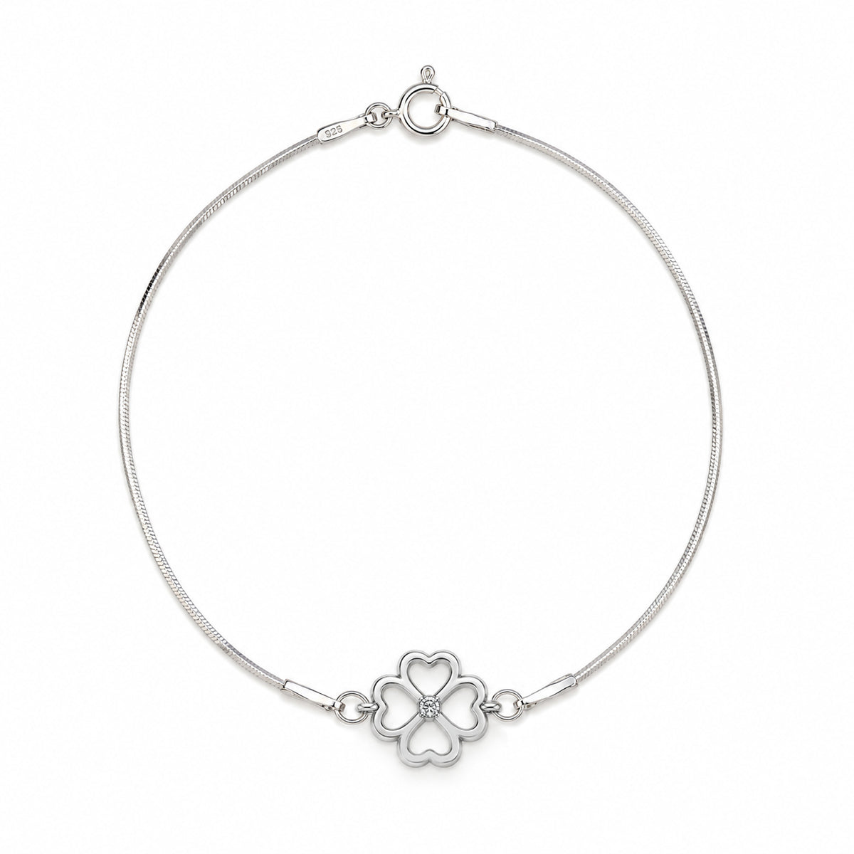 Bratara Lucky Clover Argint 925 cu trifoi cu patru foi din inimioare, piatra centrala transparenta si lant fin, Black Friday MAISON La Stéphanie