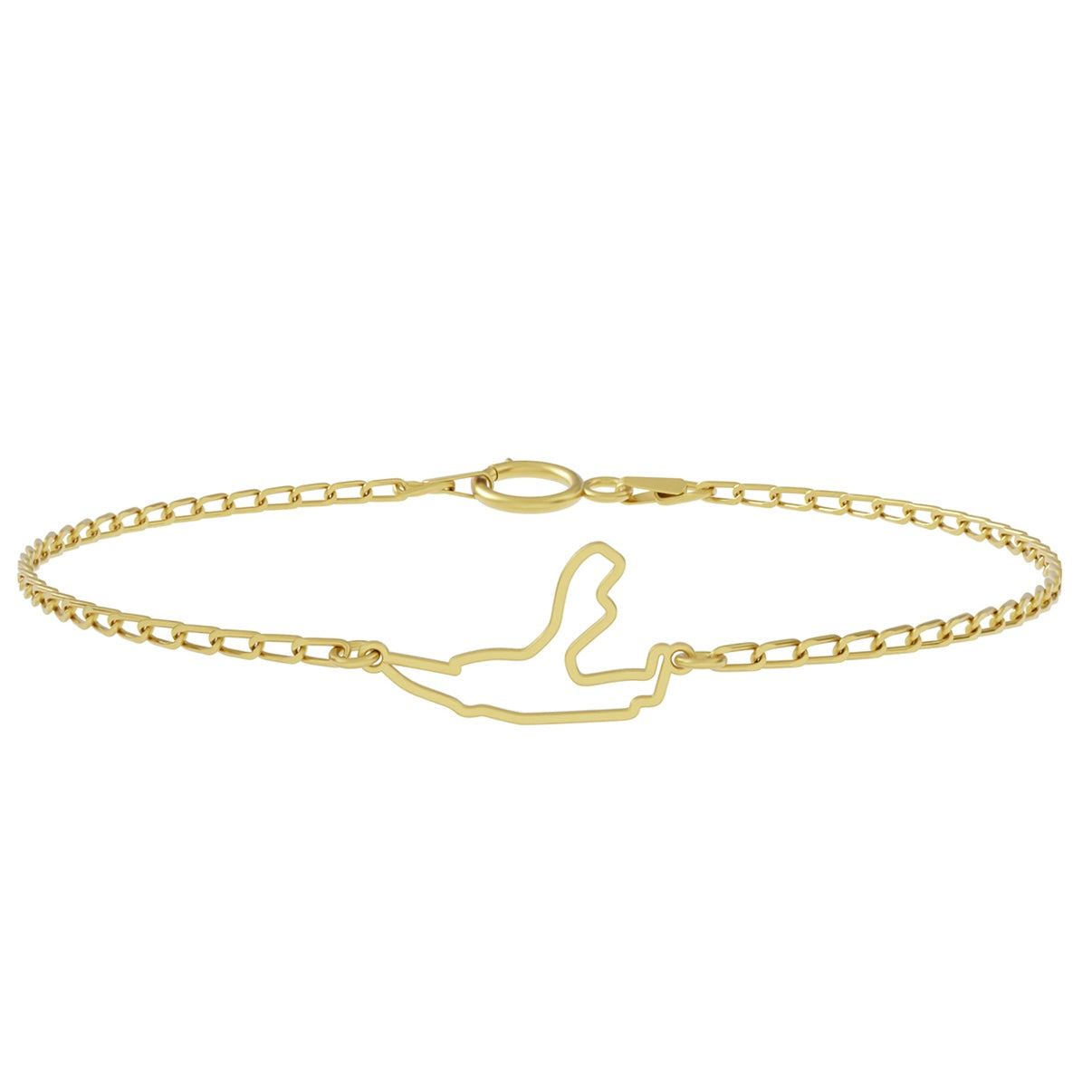 Brățară personalizată pentru bărbați din argint 925 placat cu aur 18K, cu element central în forma circuitului de curse ales, cu baratara de barbati, prezentată pe fundal alb, Maison Stéphanie.