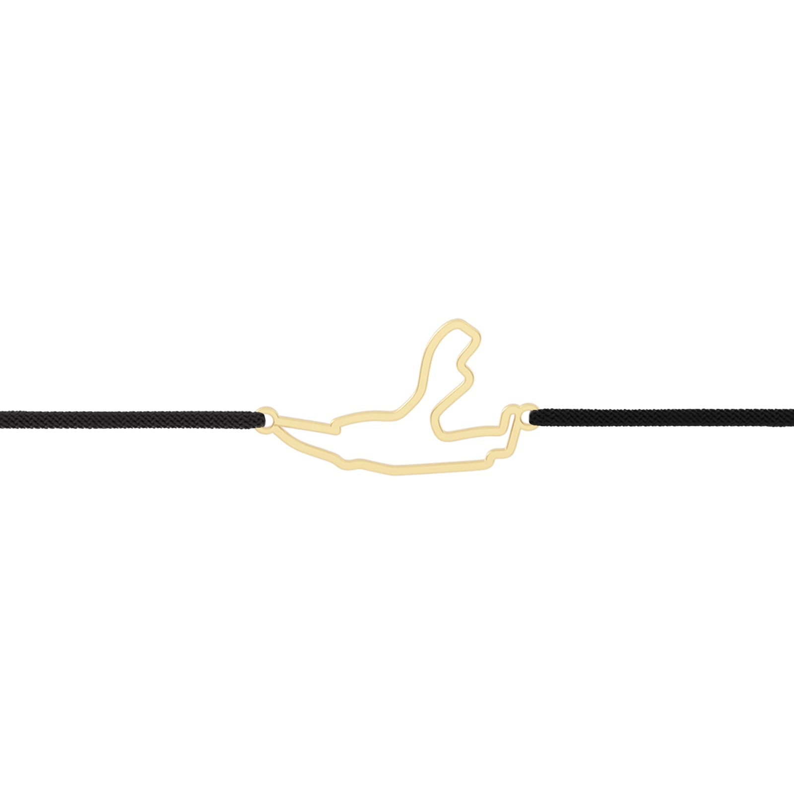 Brățară personalizată din argint 925 placat cu aur 18K, cu element central în forma circuitului de curse ales și șnur reglabil disponibil în mai multe culori, prezentată pe fundal alb, Maison Stéphanie.