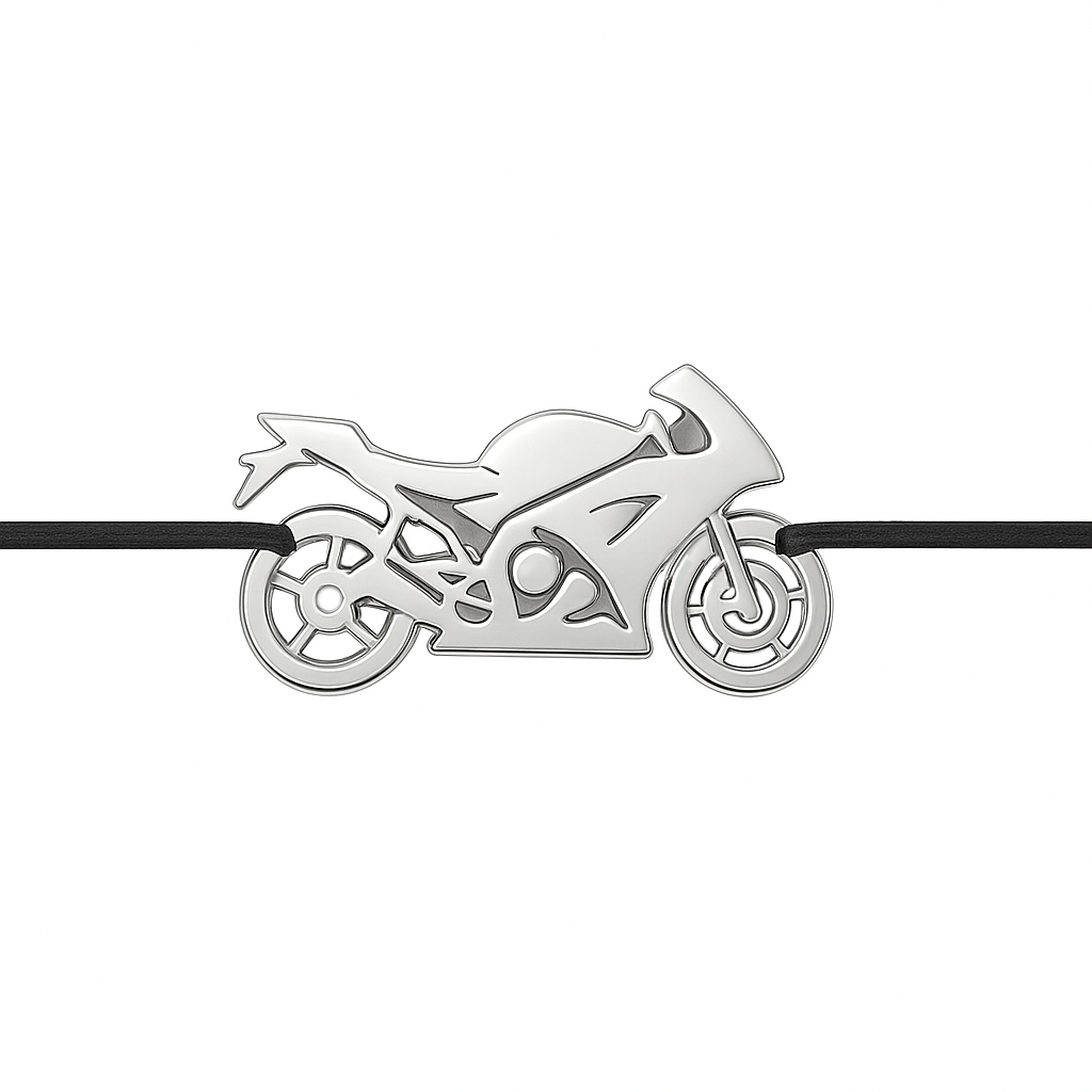 Brățară din șnur negru cu pandantiv în formă de motocicletă din argint 925, finisaj lucios