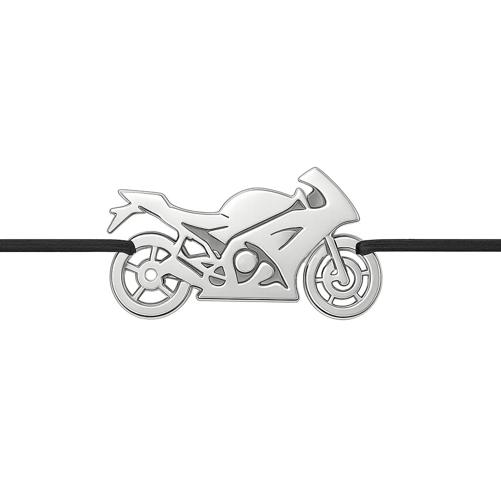Bratara Motorcycle cu charm in forma de motocicleta din Argint 925 si snur negru ajustabil, bijuterie pentru pasionatii de motociclism – Maison La Stéphanie.
