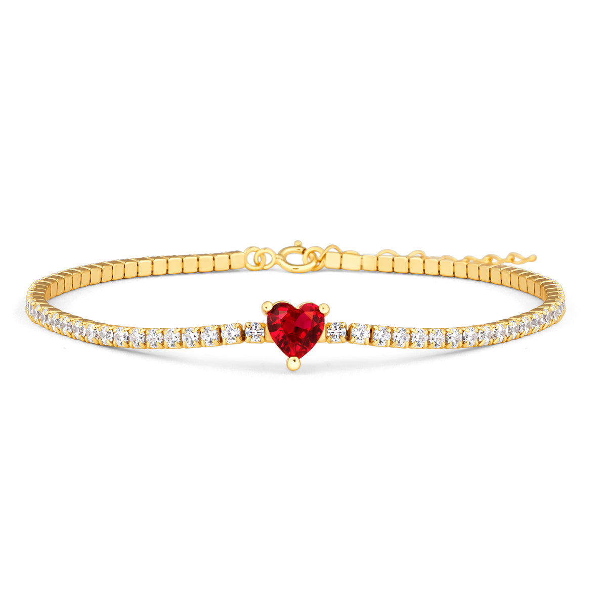 Brățară Tennis din argint 925 placat cu aur 18K, cu inimă ruby și zirconia strălucitoare – un design romantic și elegant.