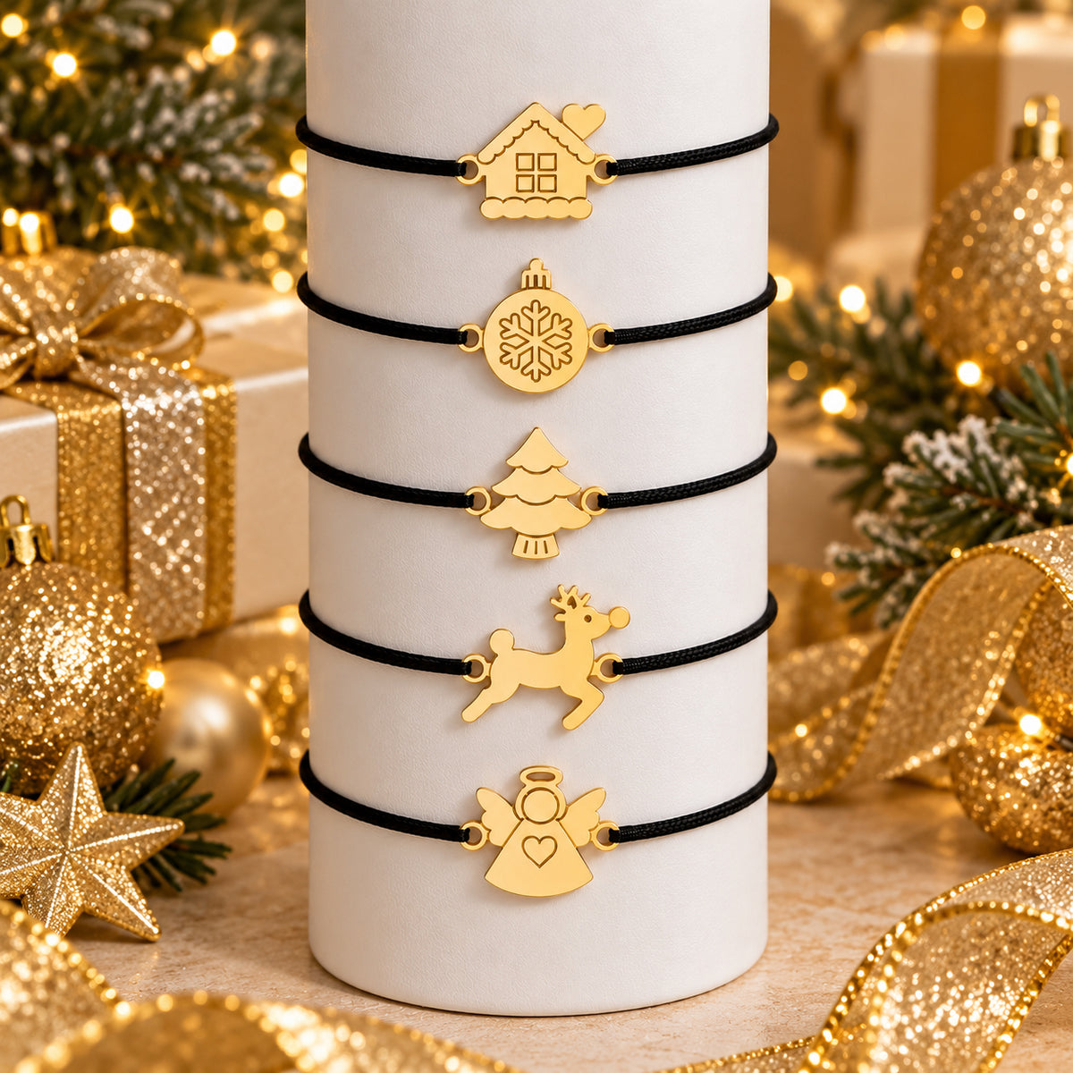 Cinci bratari de Craciun Enchanted Christmas din Argint 925 placat cu Aur de 18K pe snur negru reglabil, cu charmuri aurii in forma de casuta de iarna, glob cu fulg de nea, bradut, ren si ingeras, prezentate in decor festiv, MAISON Stéphanie
