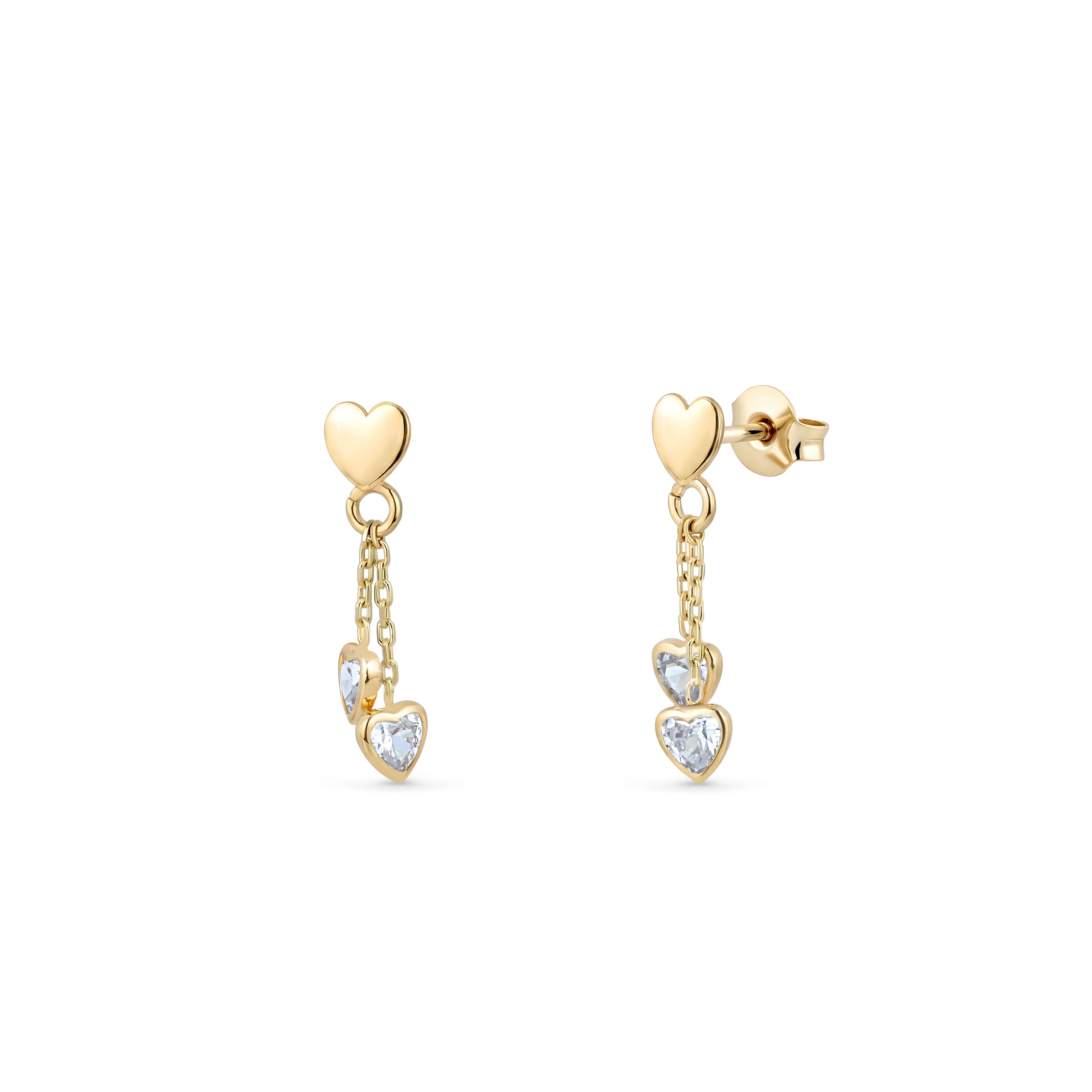 Cercei lungi din aur 9K cu două lanțuri subțiri și inimioare cu zircon transparent, design elegant și romantic, cu închidere cu șurub plat – Maison La Stéphanie.