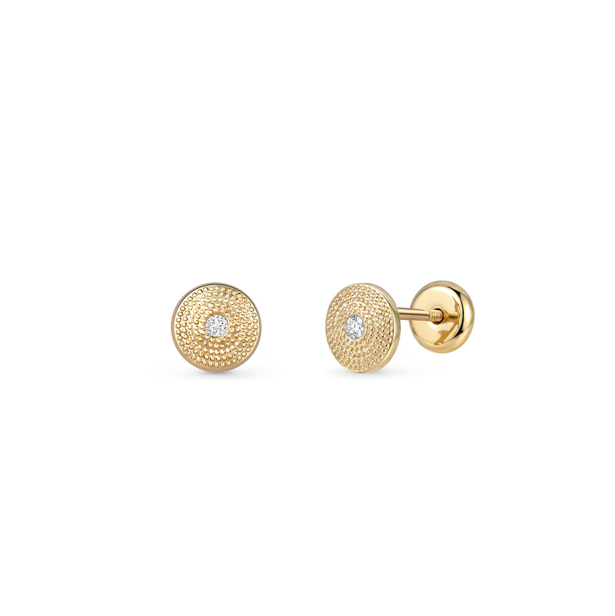 Cercei din aur 9K cu disc texturat de 6 mm și zircon central transparent, design elegant și închidere cu șurub plat – Maison La Stéphanie